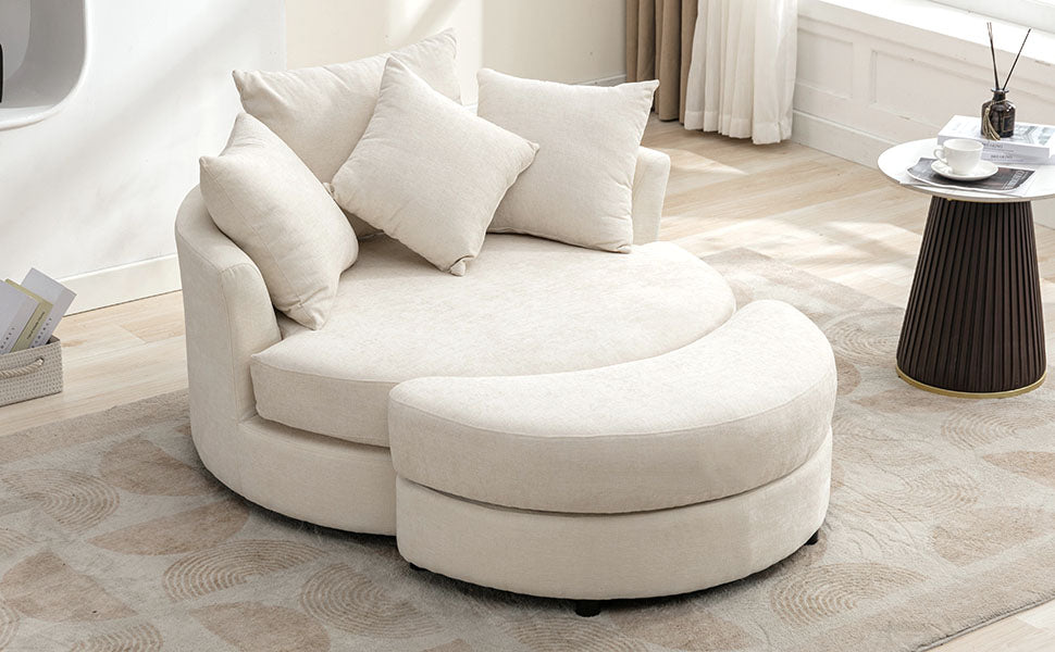 360° Swivel Accent Barrel Chair with Storage Ottoman & 4 Pillows - Cream