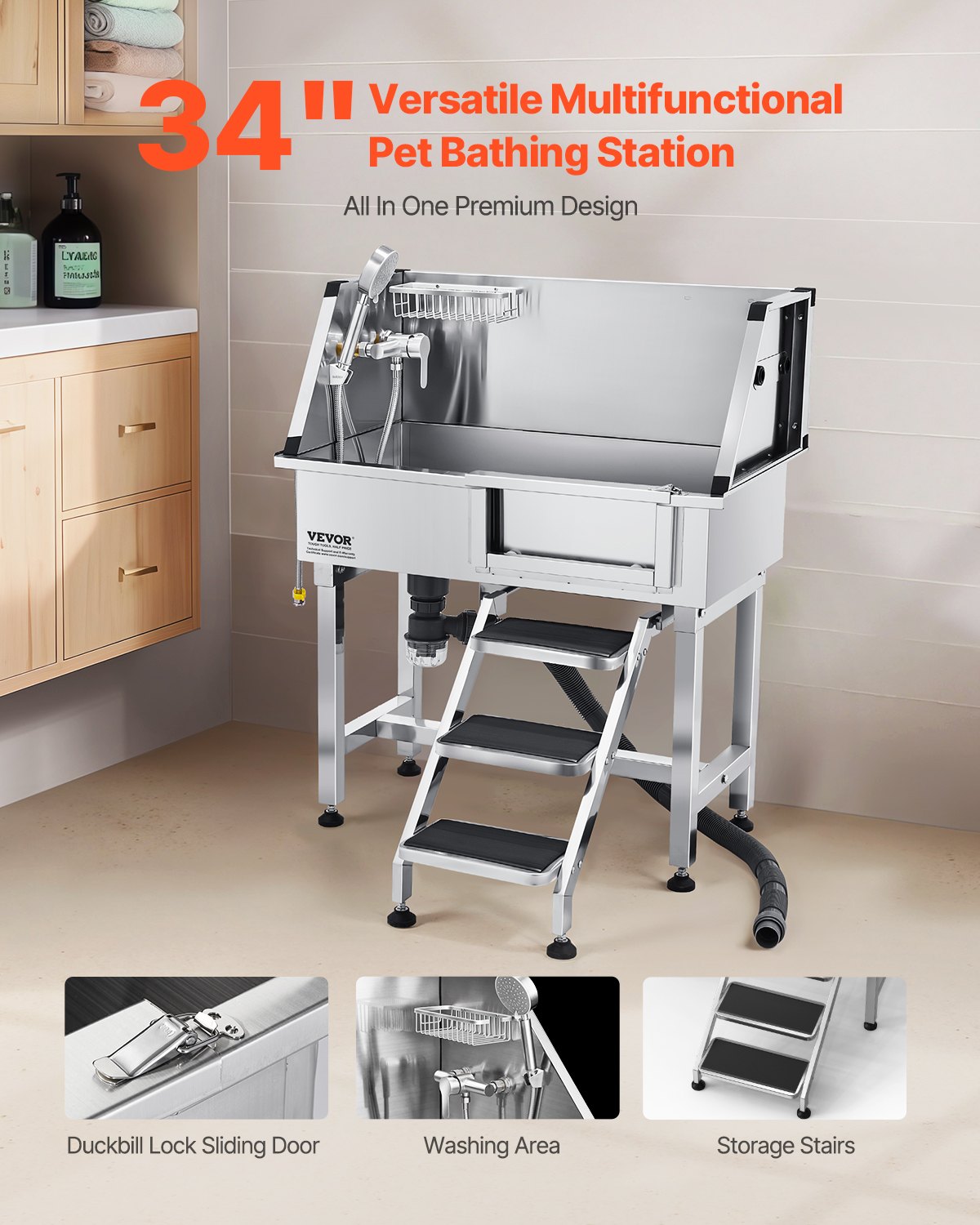 34-Inch Stainless Steel Dog Grooming Tub with Shower Faucet and Non-Slip Stairs