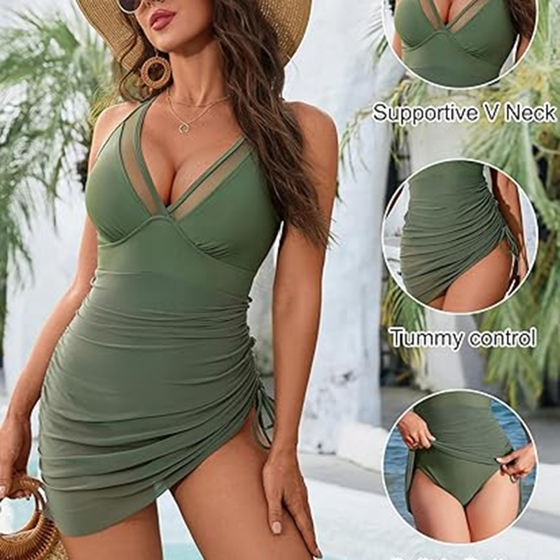 One-Piece Swim Dress with Tummy Control & Mesh Sarong Wrap