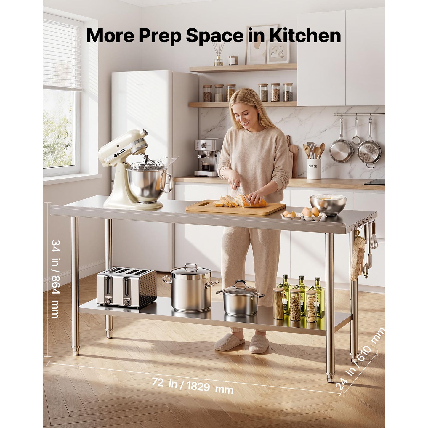 Stainless Steel Food Prep Work Table 24x72 Inch with Backsplash & Adjustable Shelf