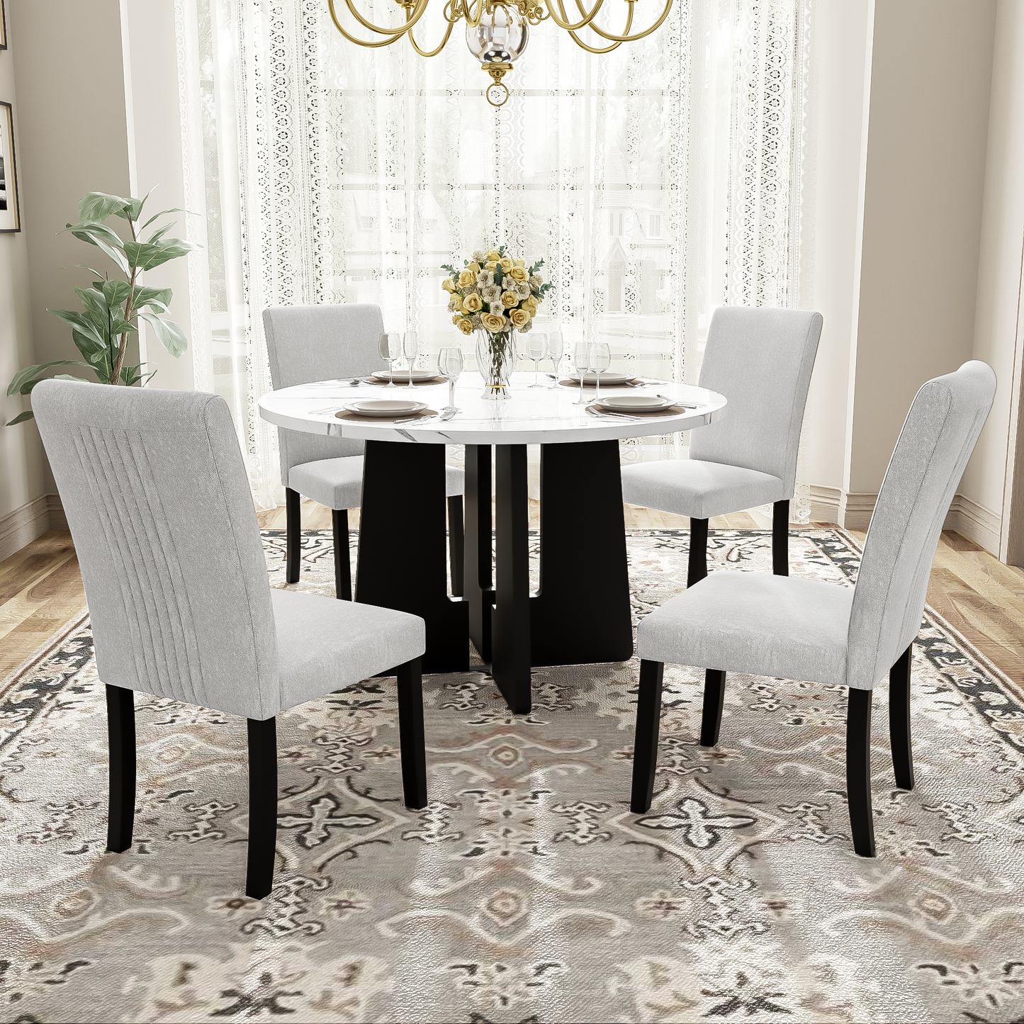 5-Piece Round Dining Table Set, 43-Inch Modern And 4 Upholstered