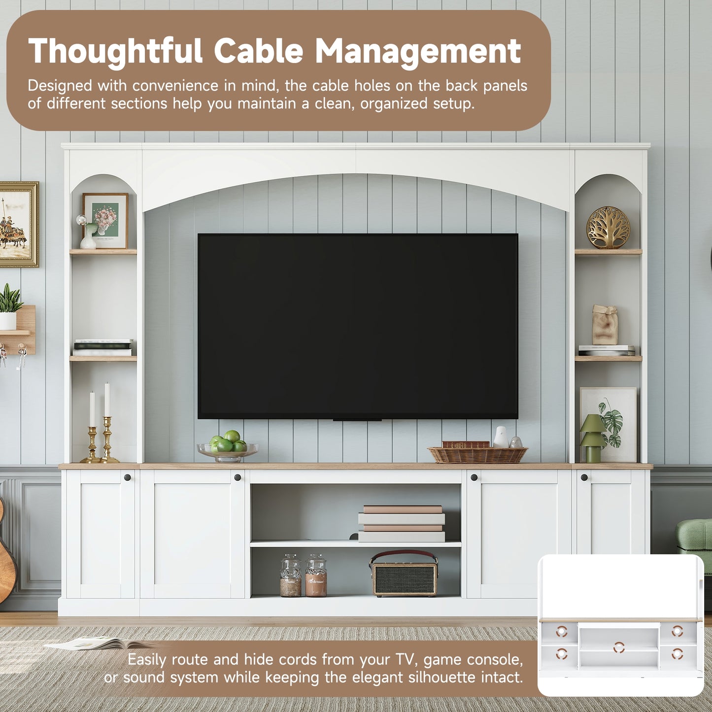 Elegant Arched TV Stand with Bookshelf - White Media Console for TVs Up to 70"