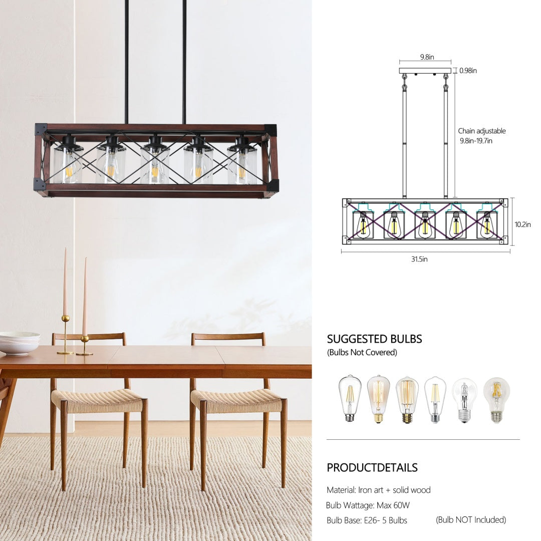 32-Inch Red Industrial Farmhouse Pendant Light - 5-Light Chandelier