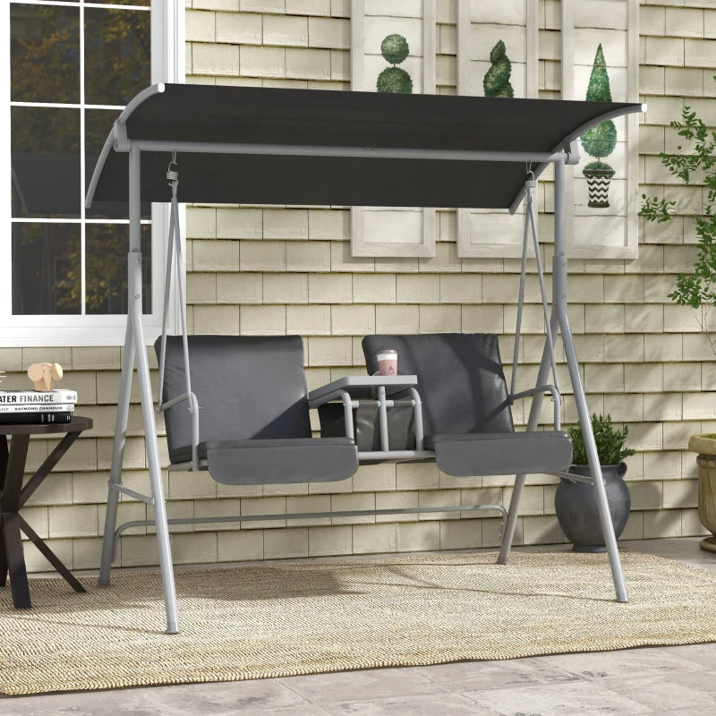 2-Seater Outdoor Porch Swing with Canopy & Tray - Gray