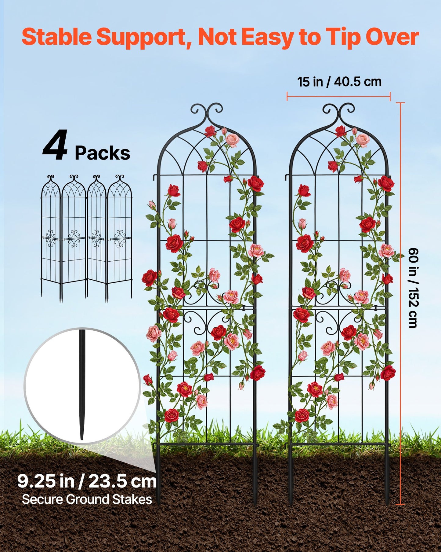 Garden Trellis 60x15 Inch Metal Plant Support Set for Climbing Flowers Vegetables - Black