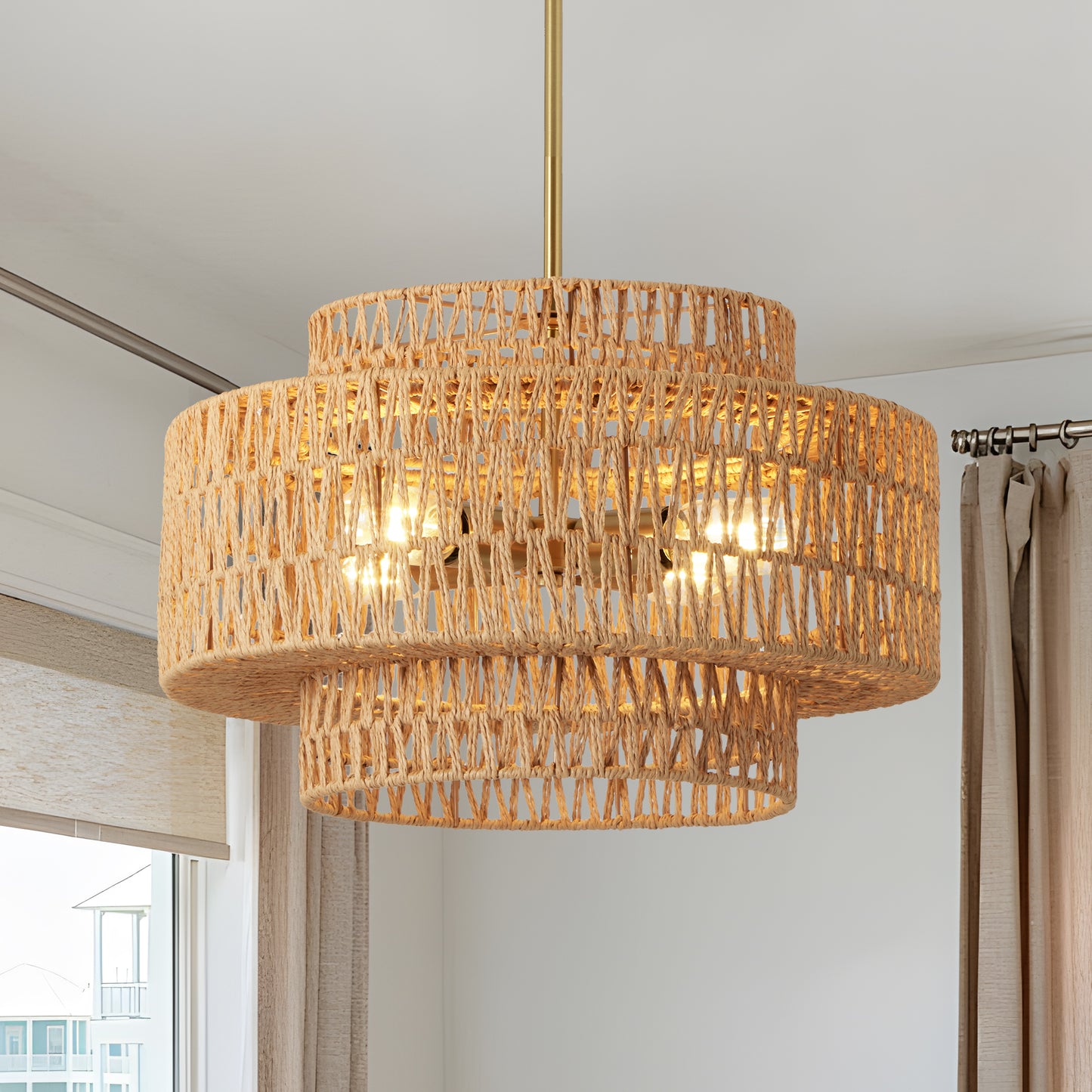Boho Rattan Pendant Light Fixture - 17.7 Inch Farmhouse Chandelier, 4-Light