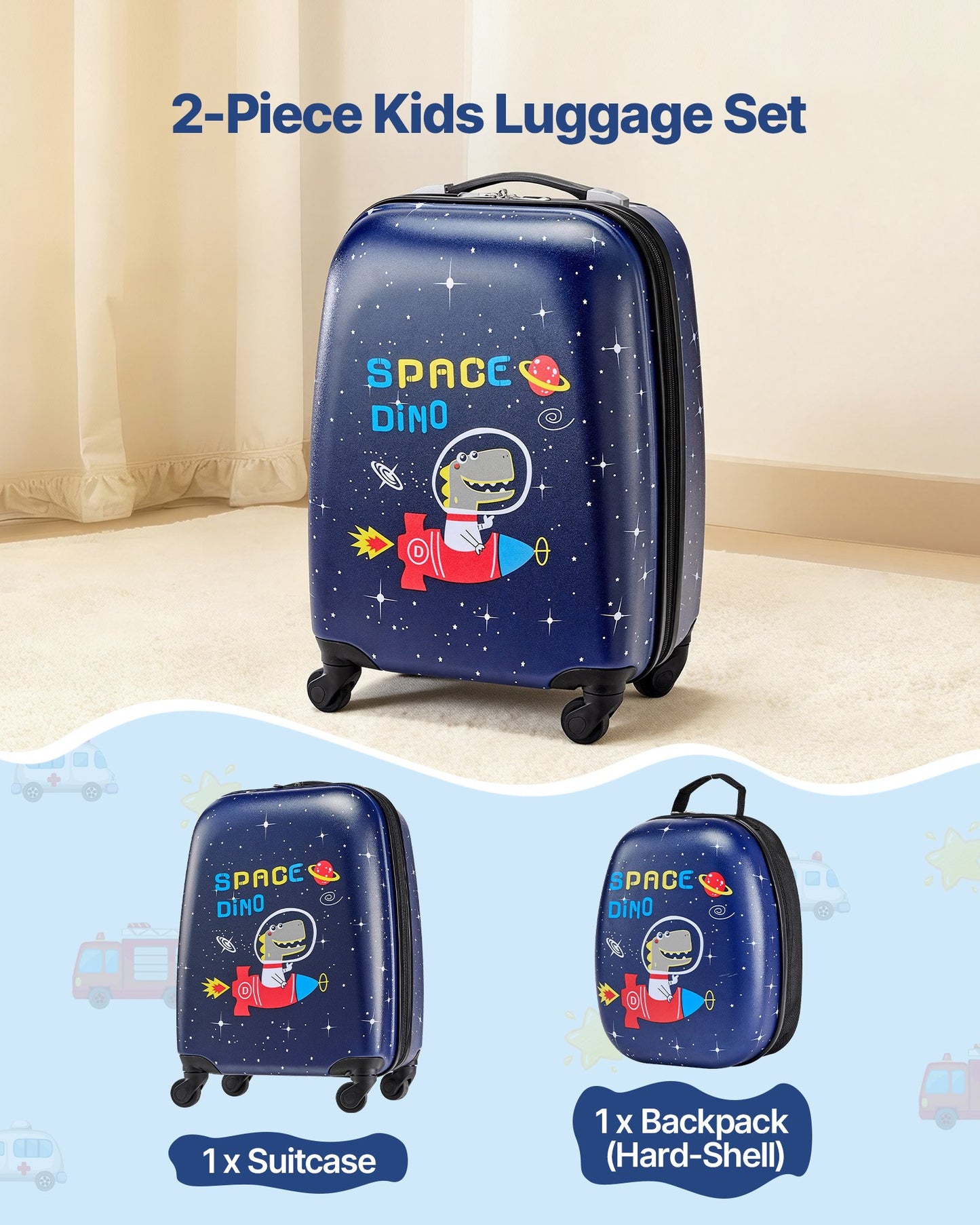 Kids Dinosaur Luggage Set - 18-Inch Hardside Carry-On Suitcase & Backpack, Airline Approved