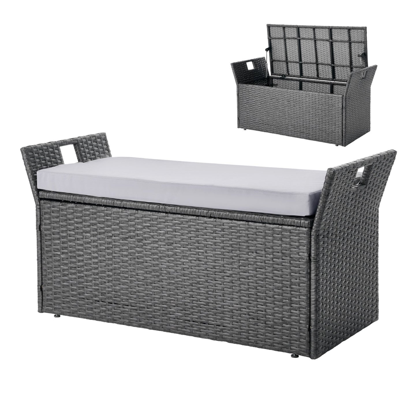 Outdoor Storage Bench with Cushions and Waterproof Rattan - Grey, 40 Gal