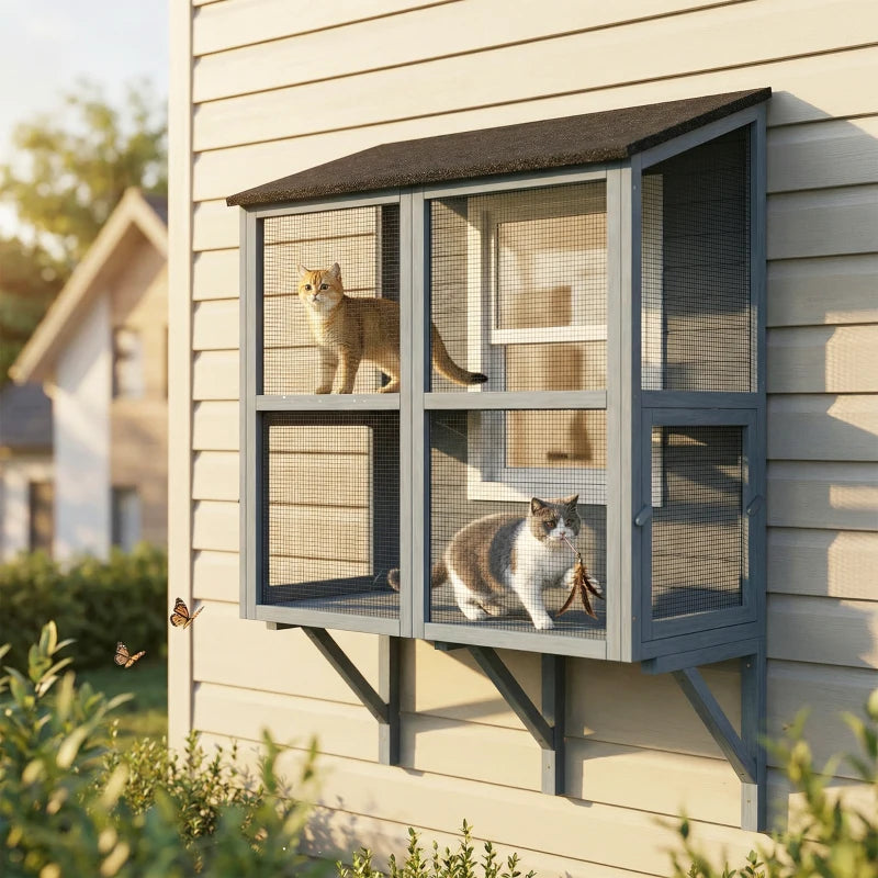 Outdoor Cat Enclosure with Waterproof Roof and Window Box - Gray, 39.4"L