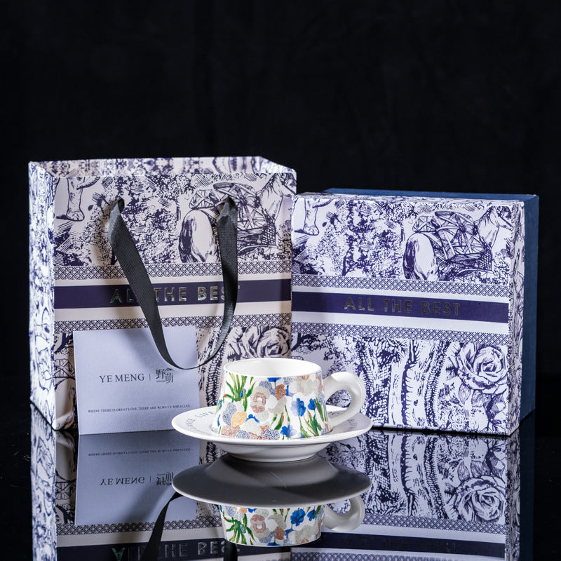 Elegant Iris Flower Ceramic Coffee Cup Set with Gift Box - Multiple Styles & Sizes
