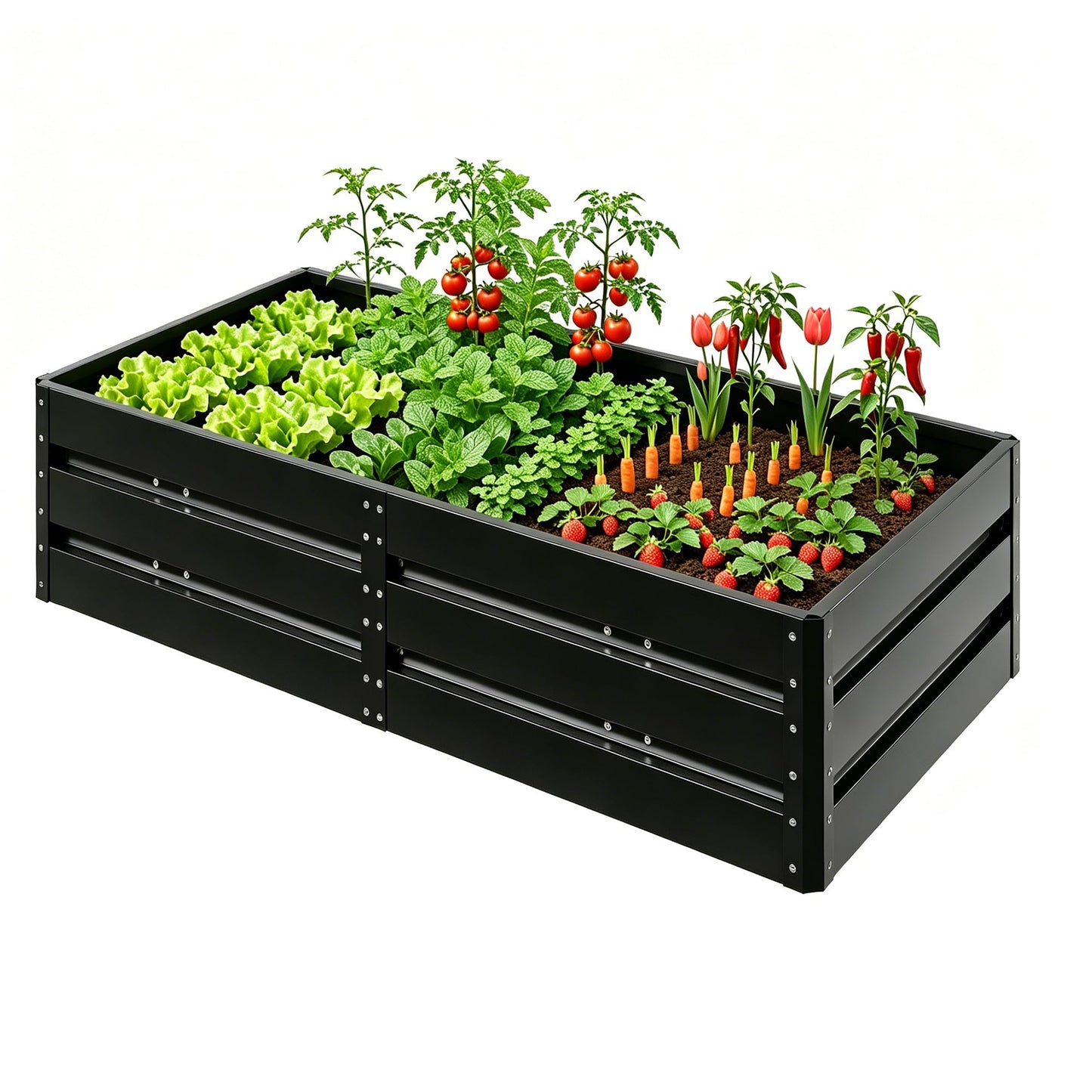 Large Metal Raised Garden Bed with Support Poles - Deep Root Vegetable Planter, 207 Gallon, Black