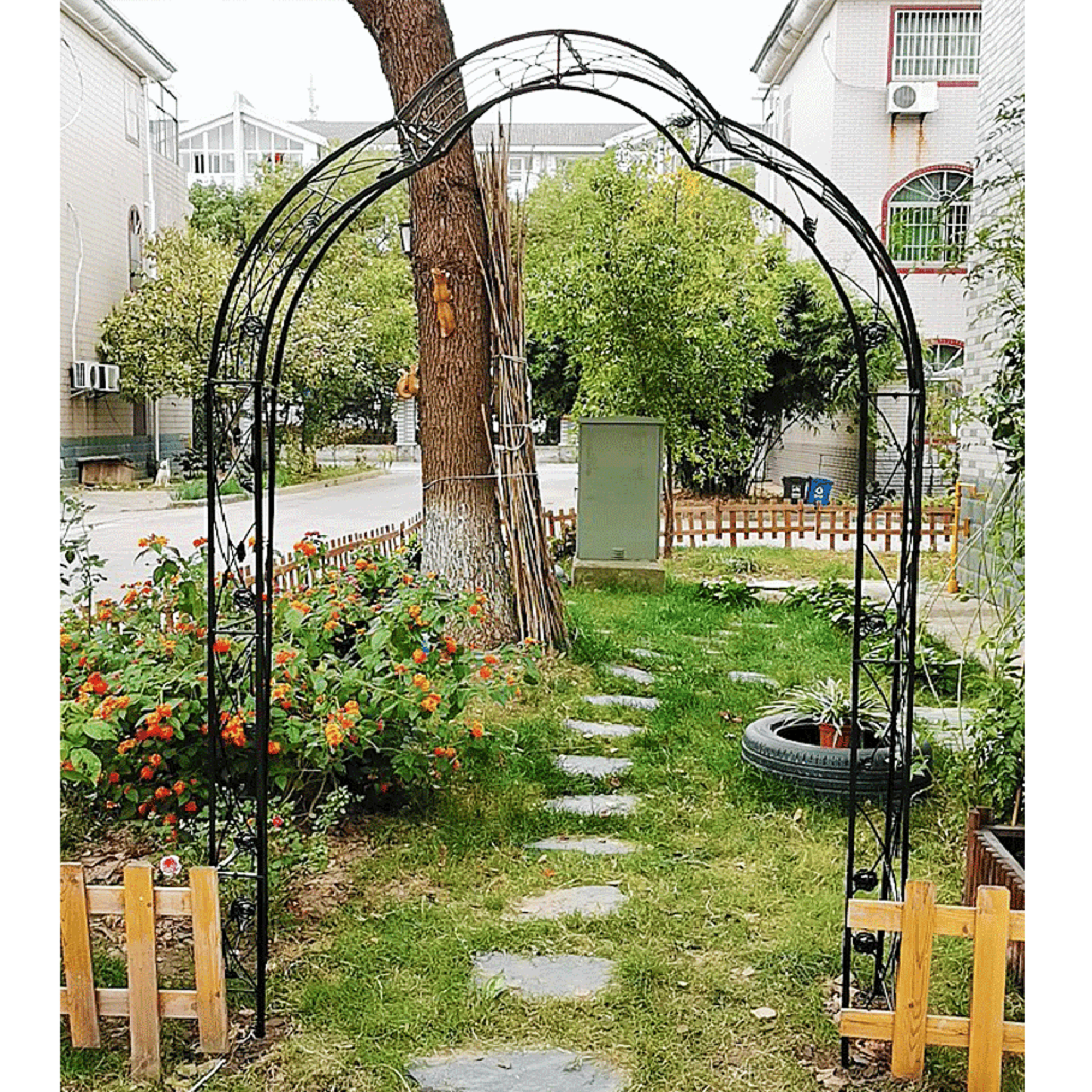 Metal Garden Arch with 8 Styles Freely Assembled Outdoor Trellis for Climbing Plants