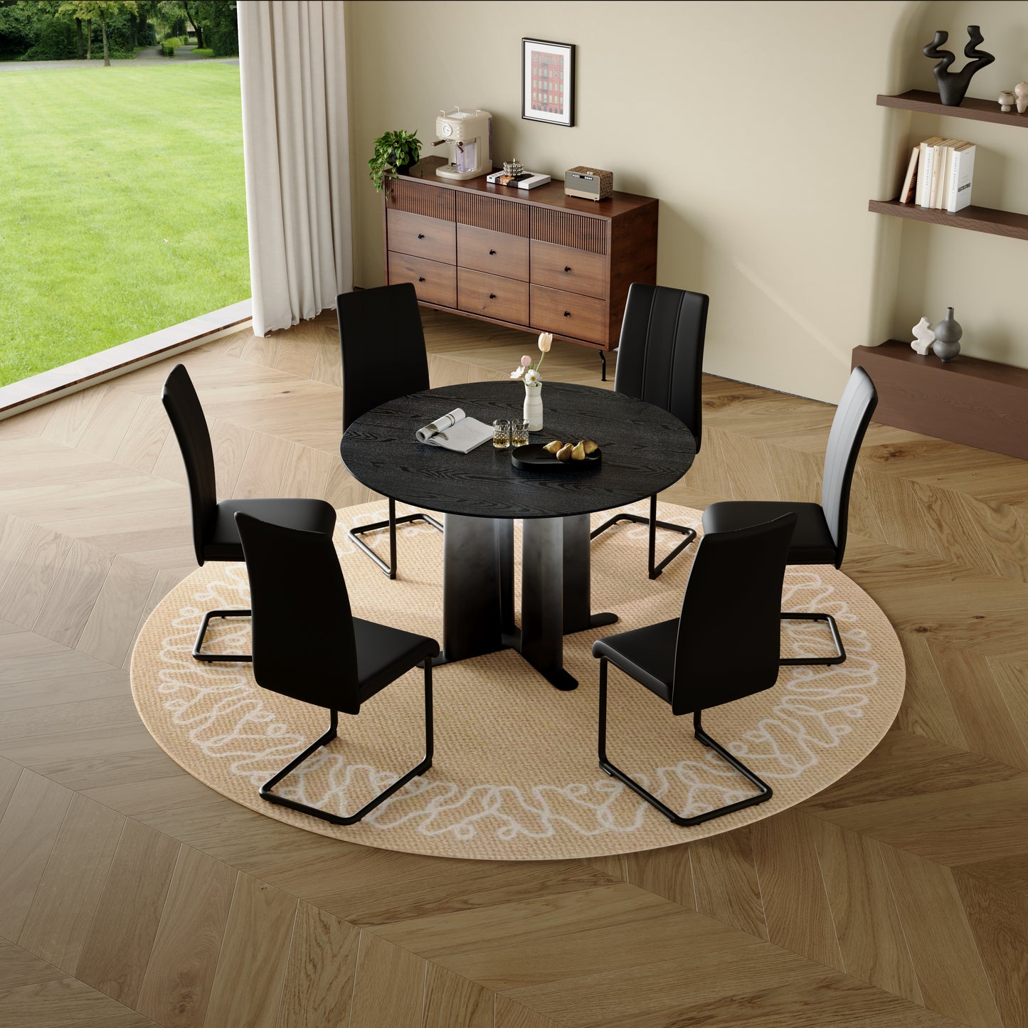 Round Black Wood Grain MDF Dining Table, & White Gradient Legs With