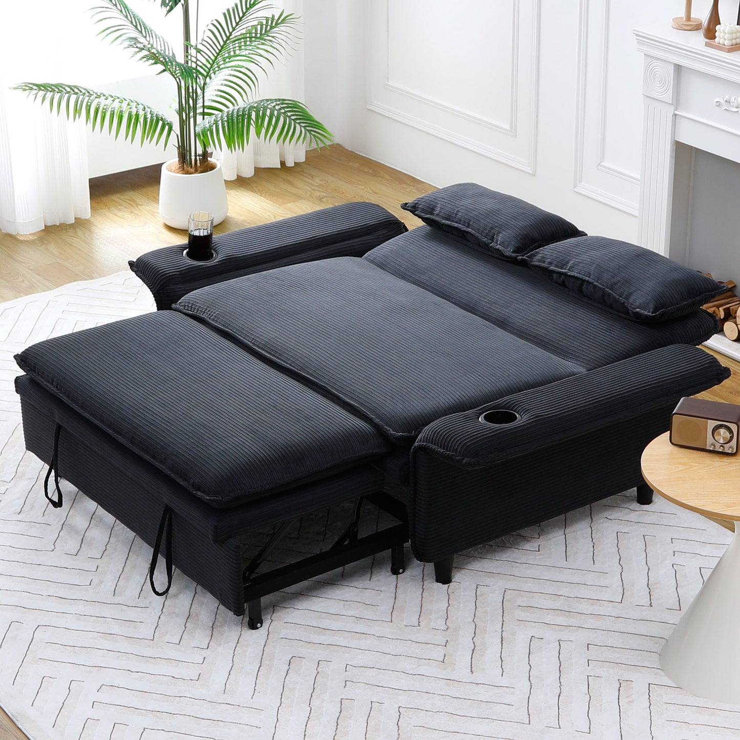Multi-functional Black Striped Fabric Sofa Bed - 65.74-inch