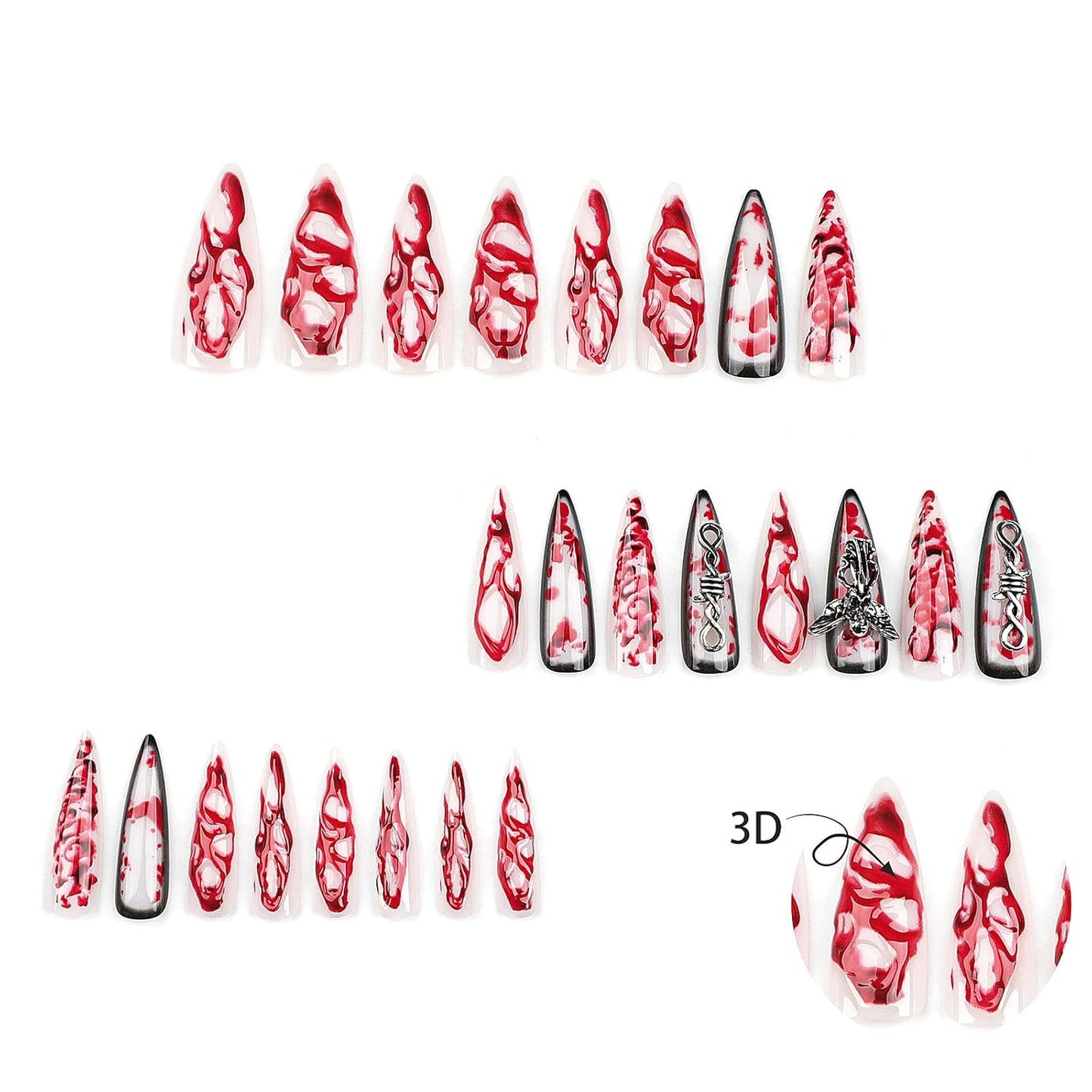 Extra Long Teardrop Press-On Nails - 3D Blood Angel Gothic Nail Art Set
