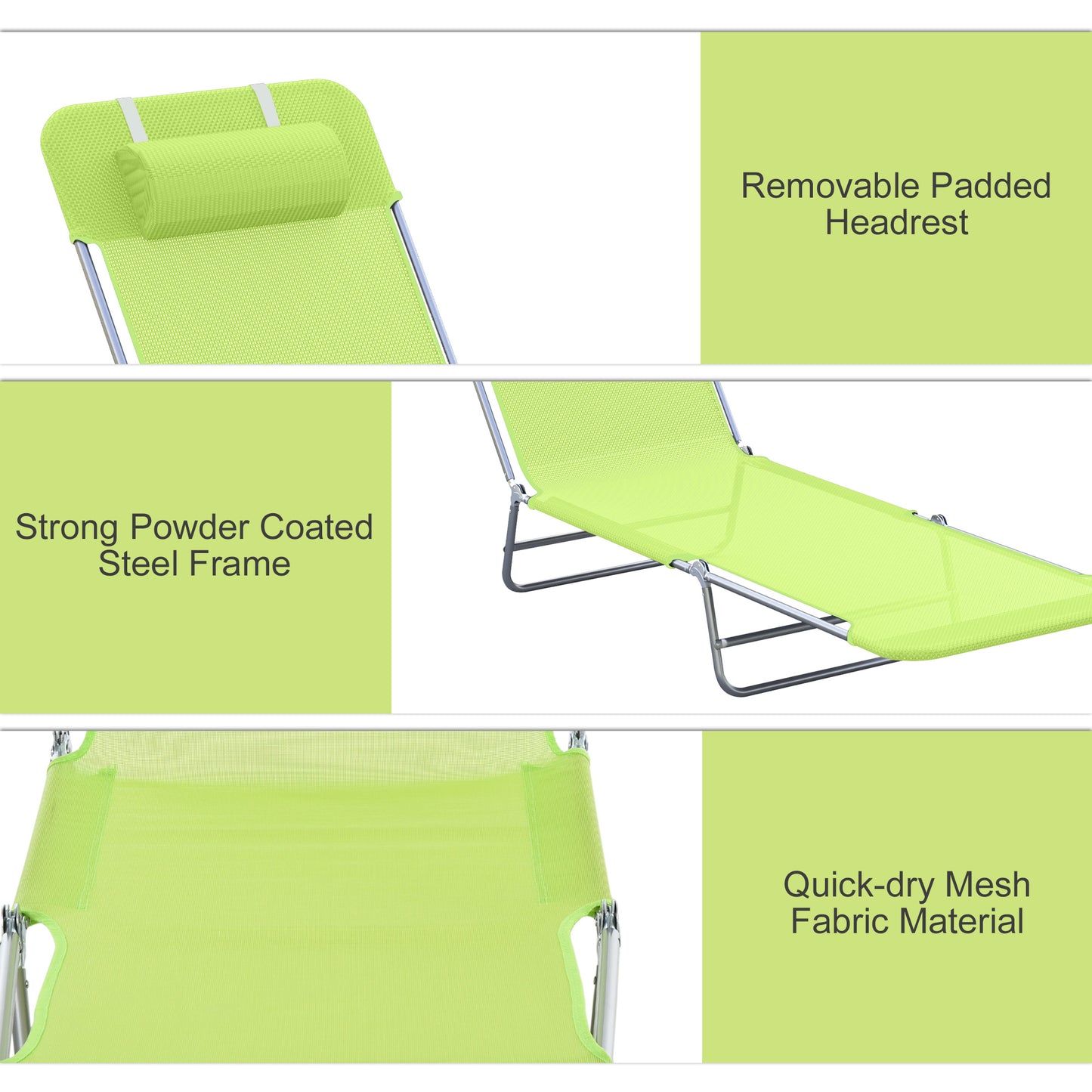 Folding Chaise Lounge Chair - Outdoor Reclining Pool Chair with Pillow, Green