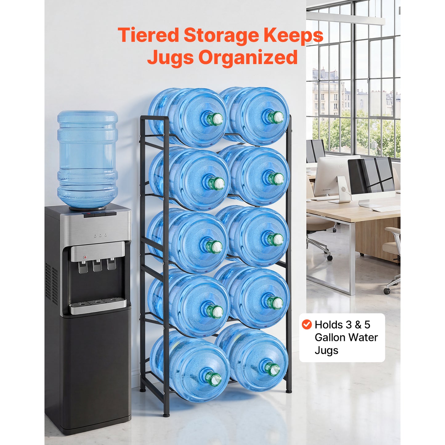 Heavy Duty Water Bottle Rack Organizer - 5 Tiers for 3 & 5 Gallon Bottles, Black