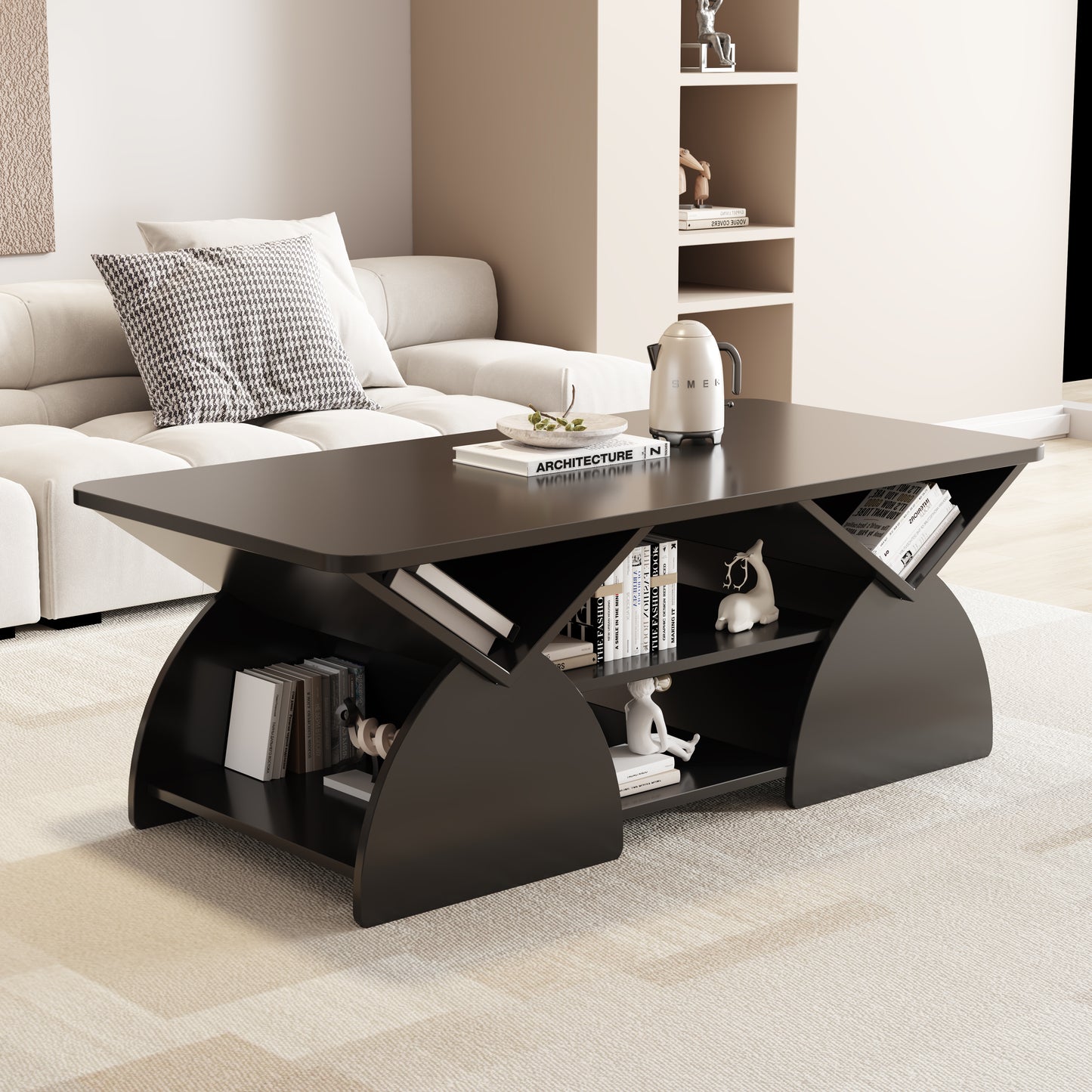 Engineered Wood Rounded Corner Rectangular Coffee Table For Living
