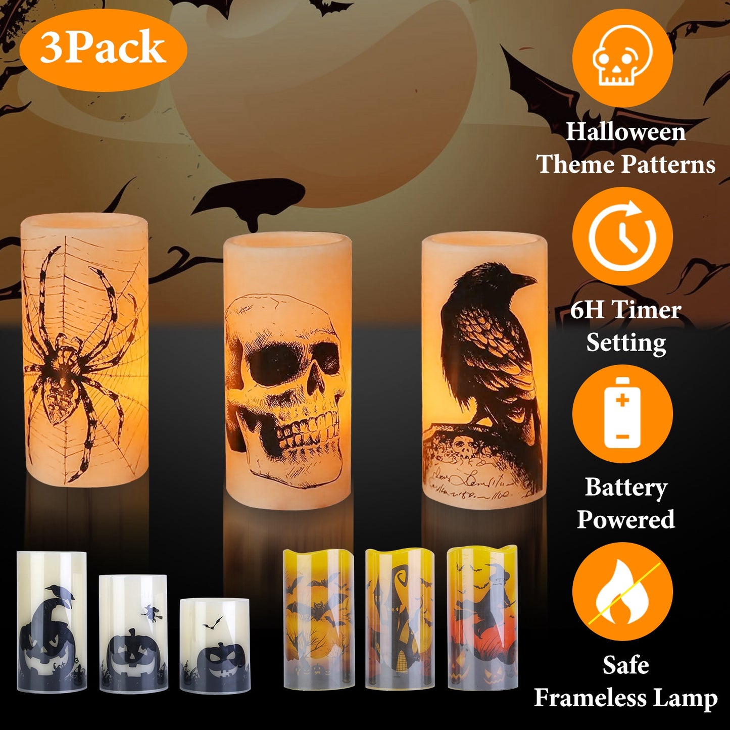 Halloween Flameless Candle Set with Timer - 3 Pack