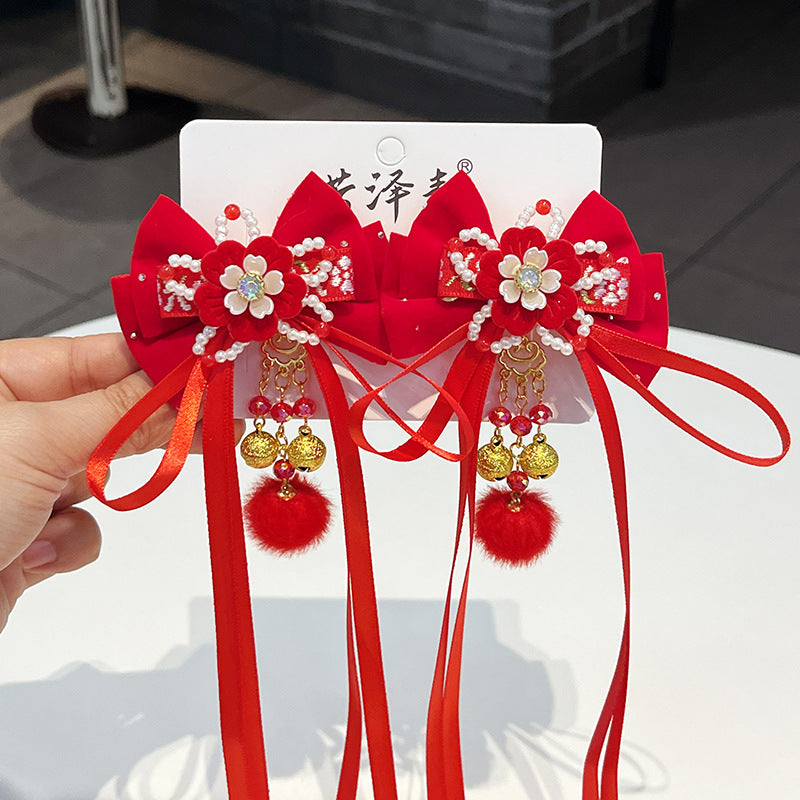 Children's Chinese-Style Red Flower Hair Clip with Pearls