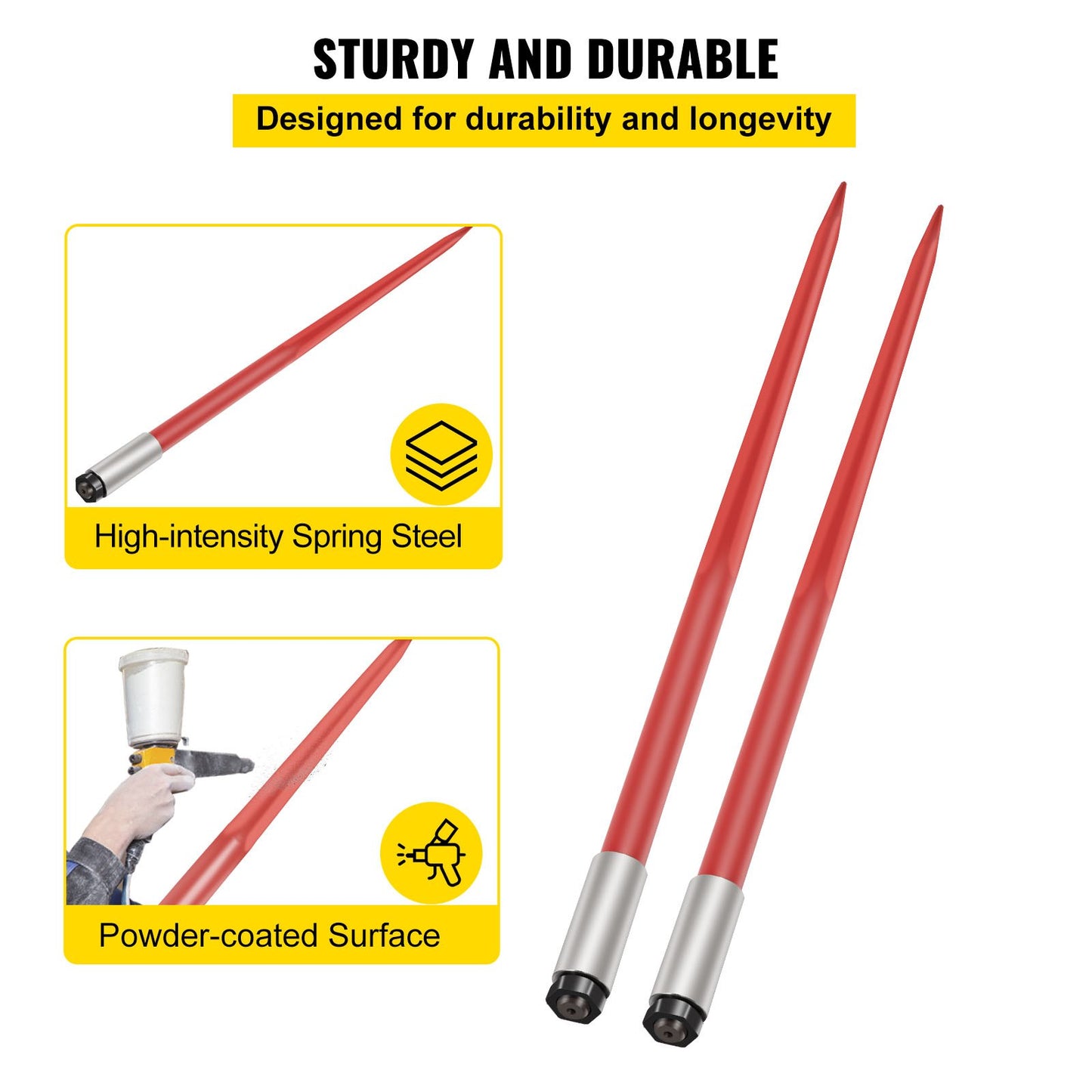 49-Inch Bale Spear for Tractors & Loaders - Heavy Duty Hay Fork, Red