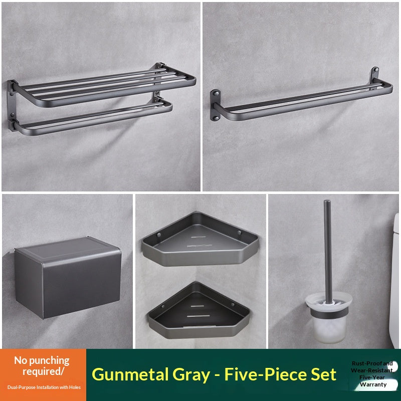 Modern Aluminum Bathroom Shelf Set - Gun Gray & Black Finish, 5-Piece Storage Solution