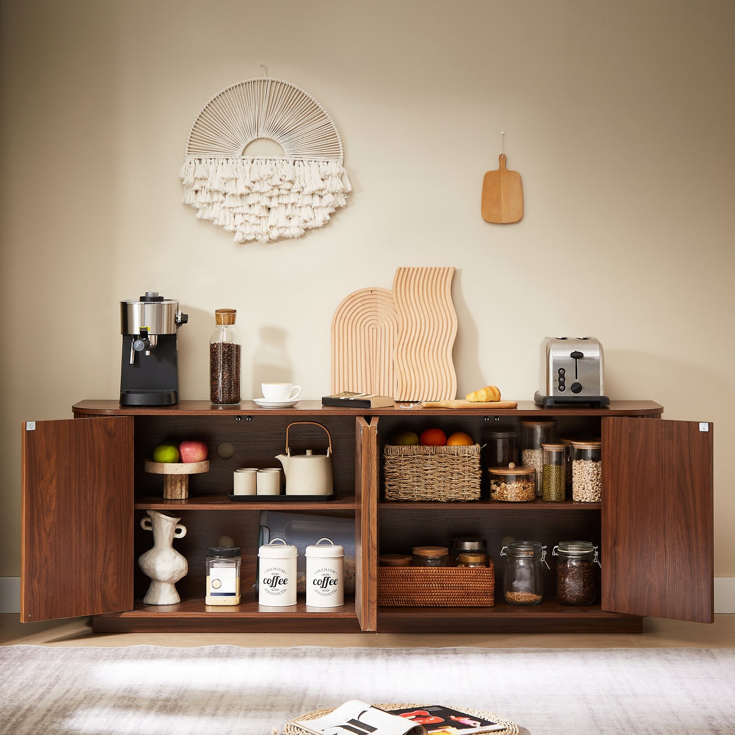 Walnut Sideboard Storage Cabinet with Wave Pattern - 64"