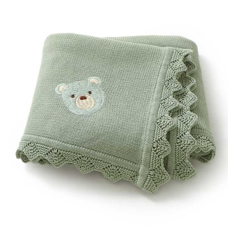 Infant Knitted Bear Embroidery Blanket - Soft Cotton Baby Covering