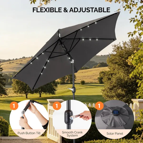 9ft Solar LED Patio Umbrella with Push Button Tilt & Crank - Gray