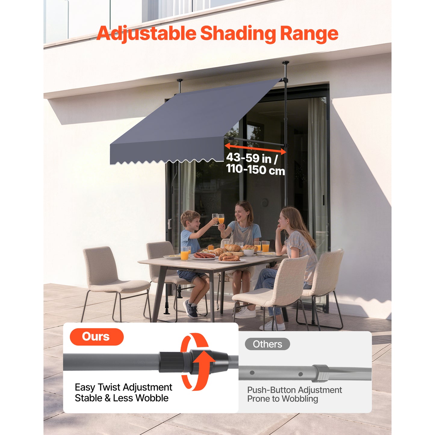 Manual Retractable Patio Awning 59" Sunshade Shelter with Crank Handle - Dark Gray Outdoor Canopy
