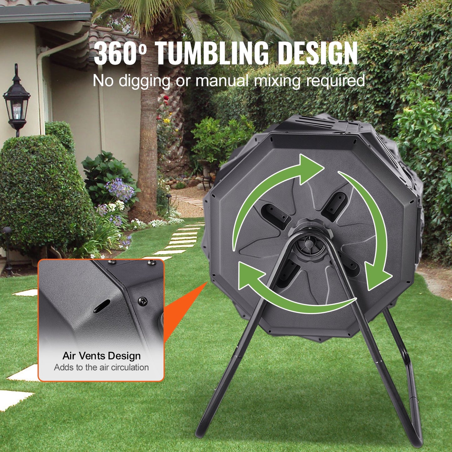 43-Gallon Dual Chamber Compost Bin with Sliding Doors - Large Garden Tumbler, Black