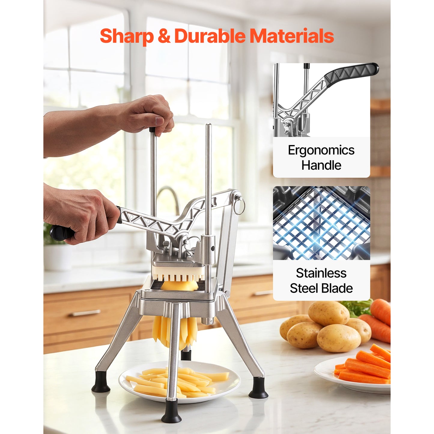 French Fry Cutter Vegetable Chopper with 4 Blades Stainless Steel Potato Slicer for Home & Commercial Use