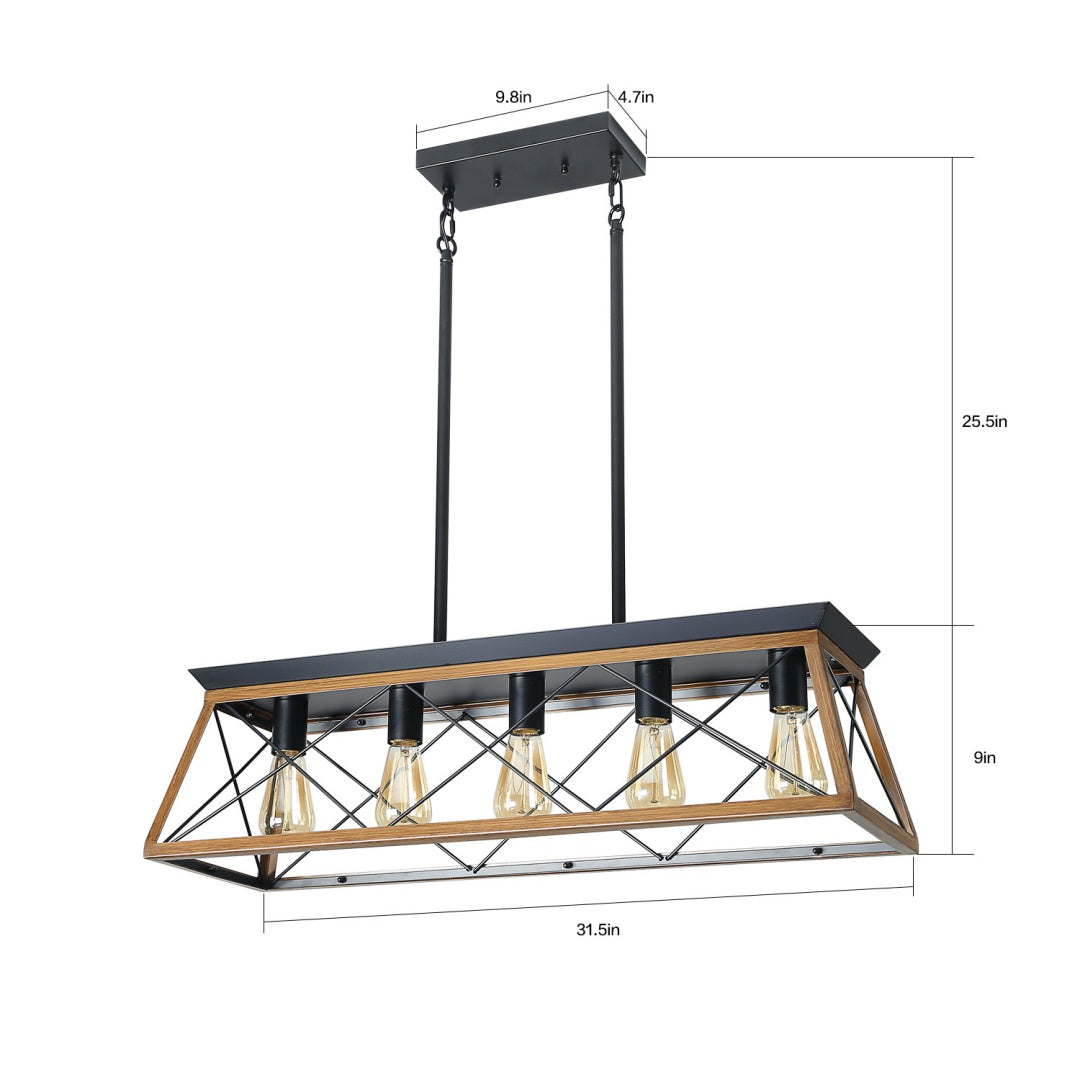 32-Inch Walnut Industrial 5-Light Pendant Chandelier - Adjustable