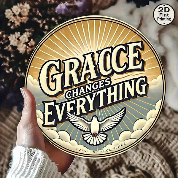 Round Metal Wall Sign - White Dove & Sunbeam Art, 8x8 Inch