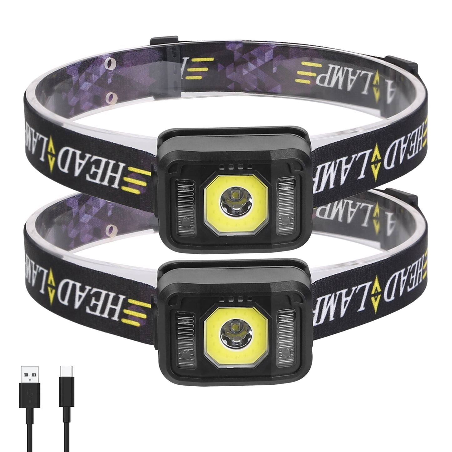 Rechargeable Motion Sensor Headlamp 2 Pack - 6 Light Modes, Waterproof, Adjustable Head Torch for Camping Hiking Fishing Running