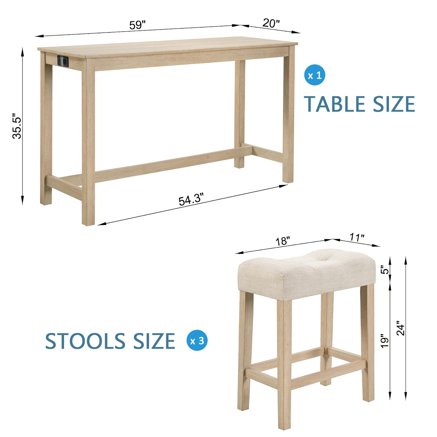 Bar Table Set with Power Outlet & 3 Stools - Light Oak