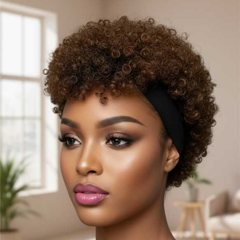 Short Kinky Curly Afro Puff Headband Wig - Natural Brown Glueless Synthetic