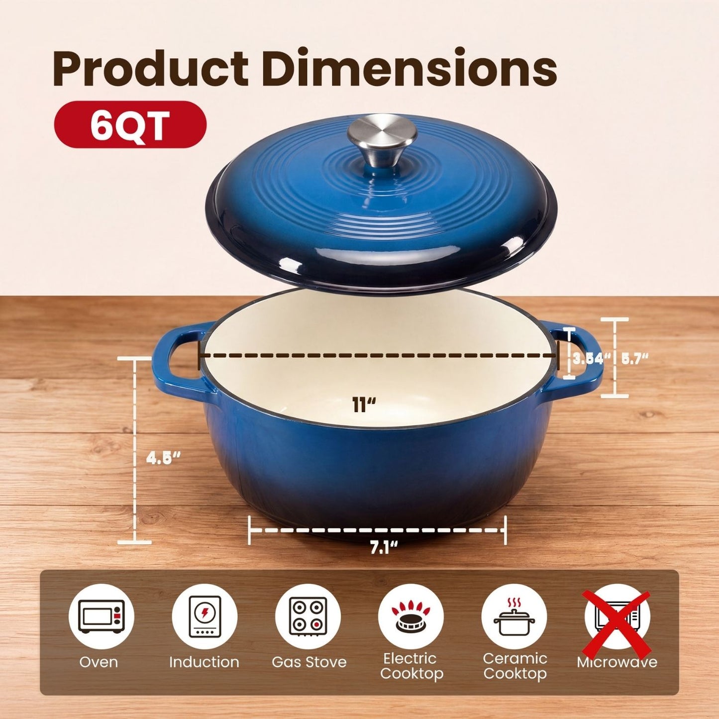 6 Quart Enameled Cast Iron Dutch Oven with Moisture-Sealing Lid