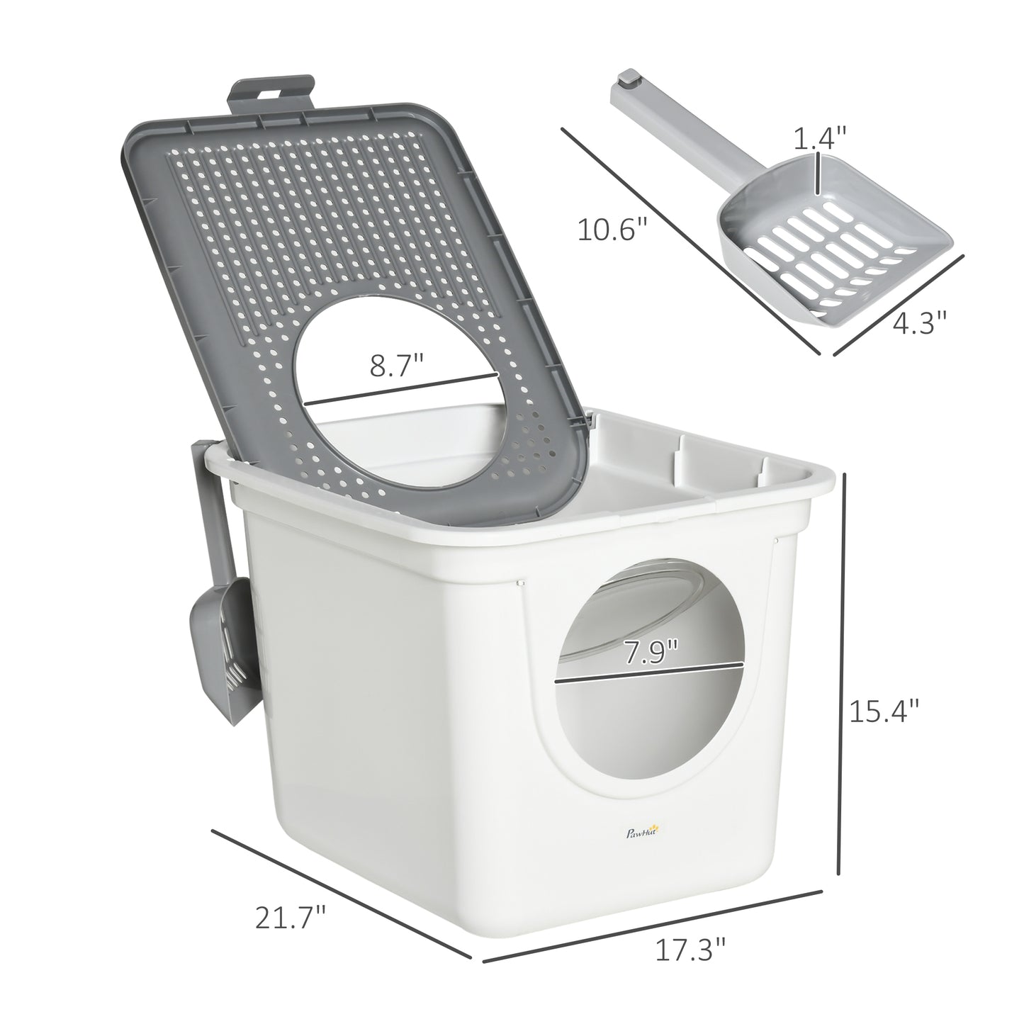Covered Cat Litter Box with Front Entrance and Top Exit - Easy Cleaning, Odor Control, White