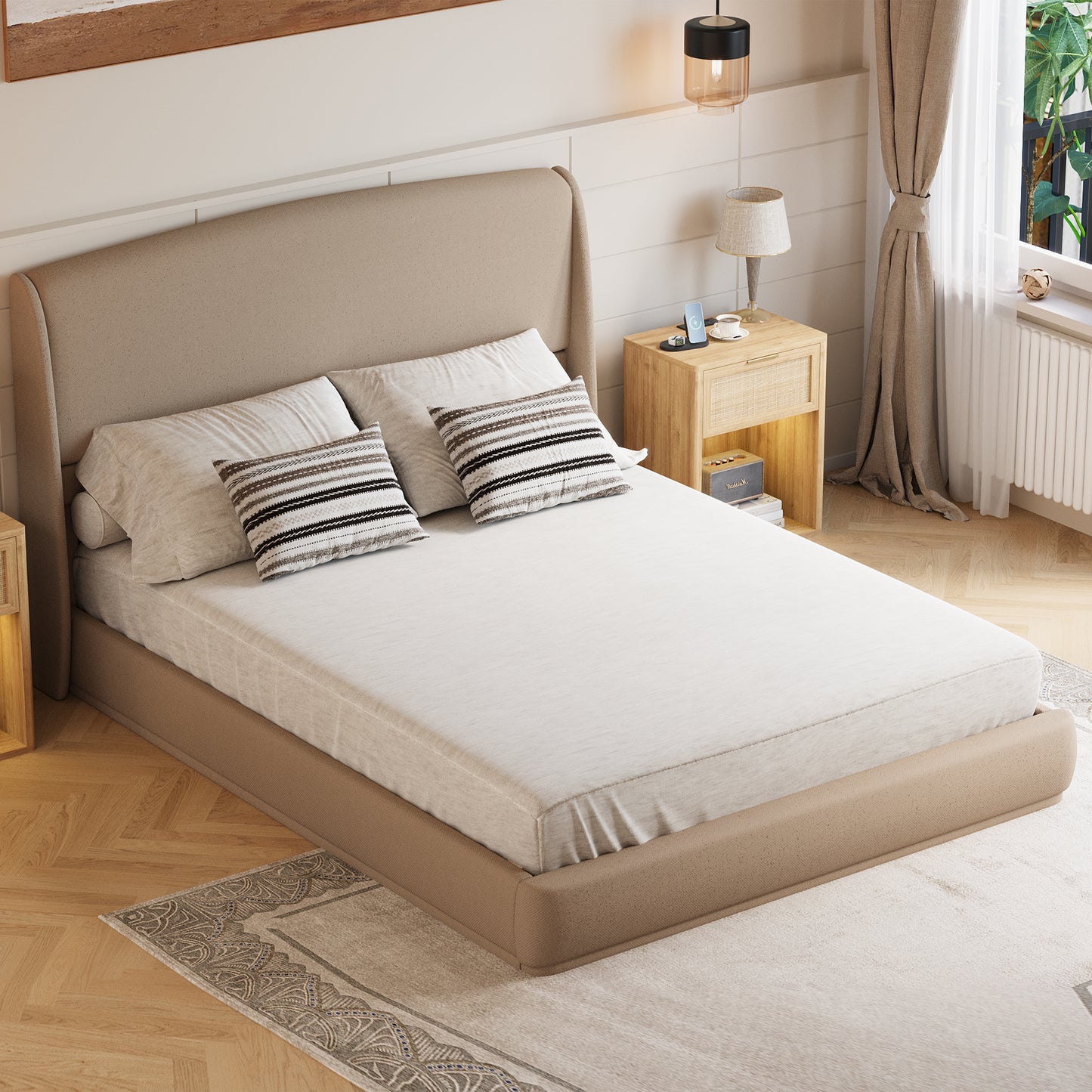 Upholstered Queen Bed Frame With Wingback Headboard, Low Profile