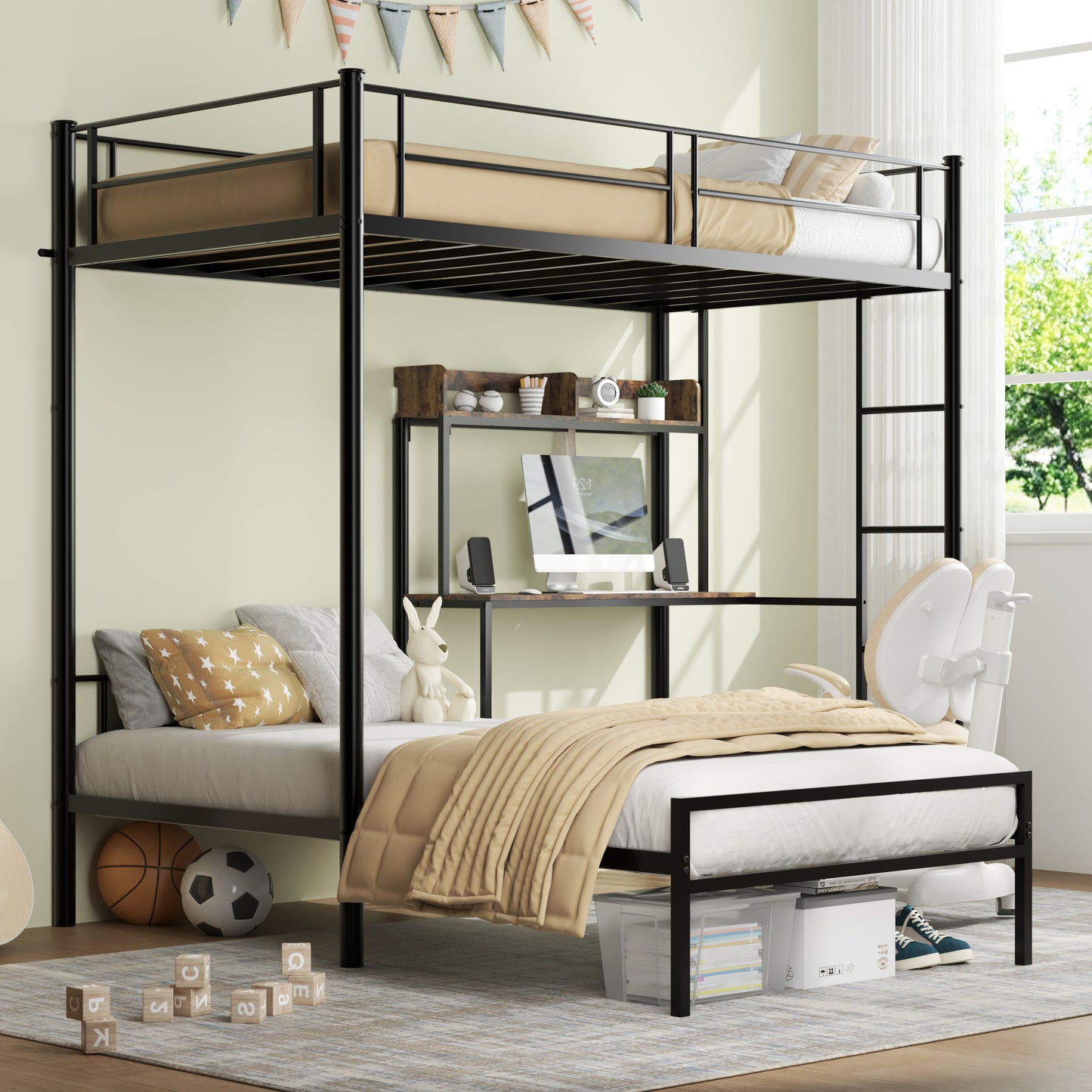 L-Shaped Twin Bunk Bed with Desk & Charging Station - Black