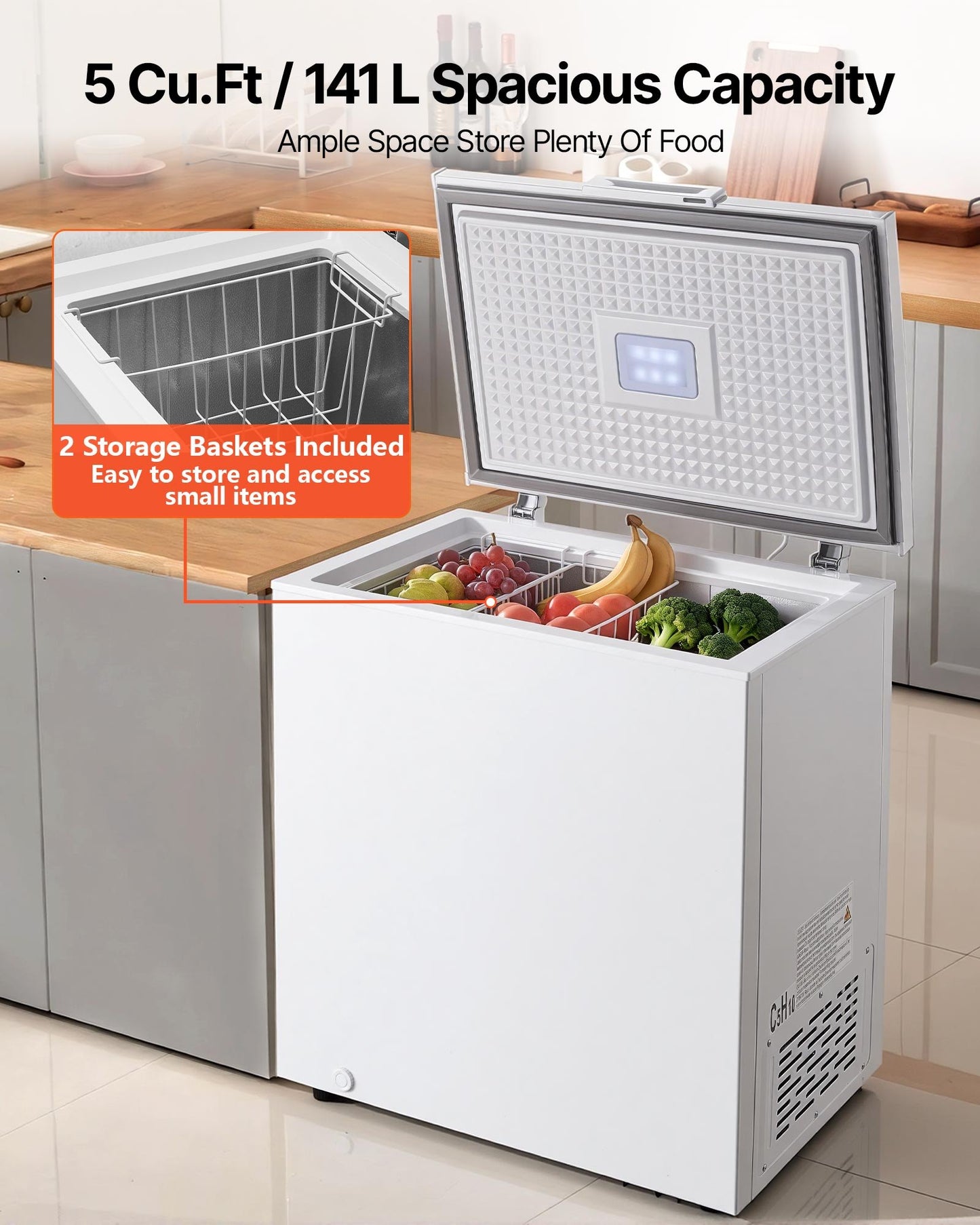 Compact Chest Freezer 5 Cu.ft with Removable Baskets & Adjustable Thermostat