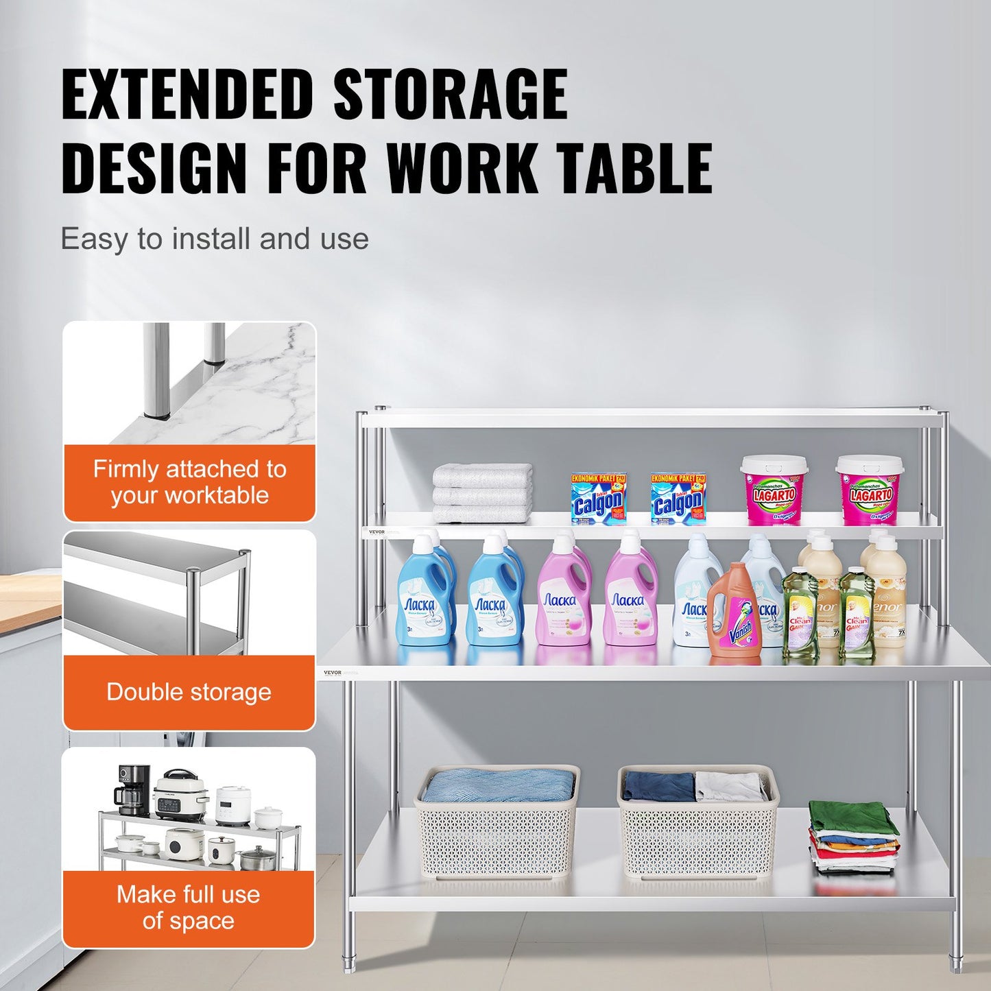 Double Tier Stainless Steel Overshelf - 12 x 72 Inch, Adjustable Height