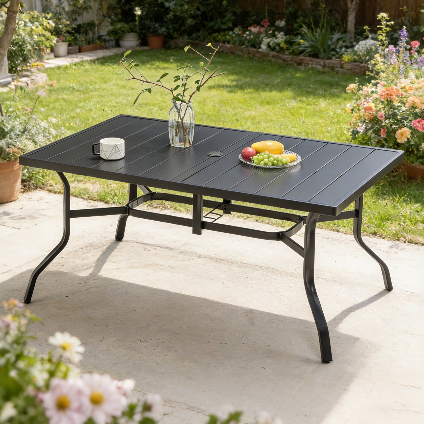 Outdoor Dining Table For 6, Powder-Coated Steel Slat Top With 2.16