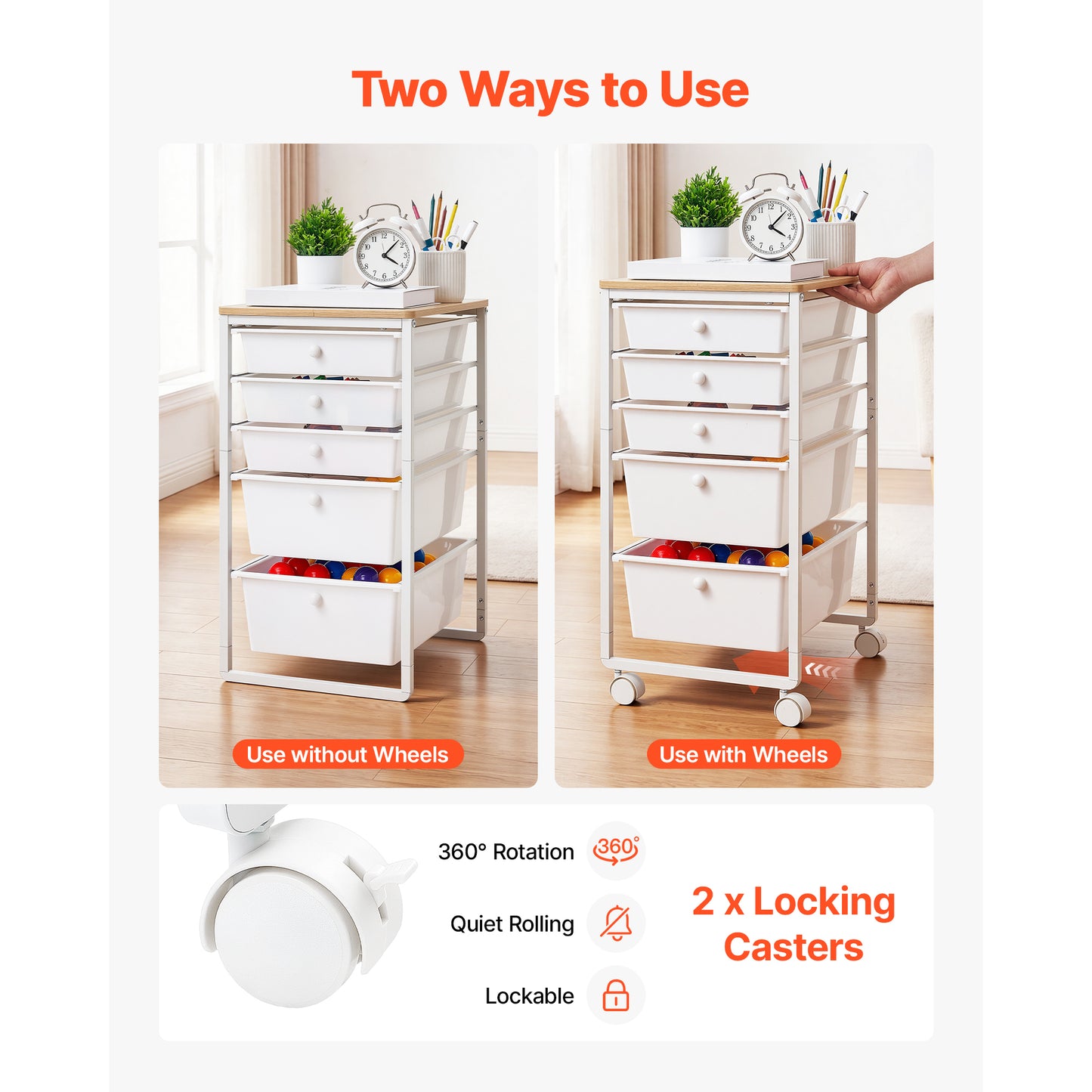 Rolling Cart with Drawers - 5 Drawer Storage Organizer for Office, Classroom, Craft, Bedroom, Makeup - White