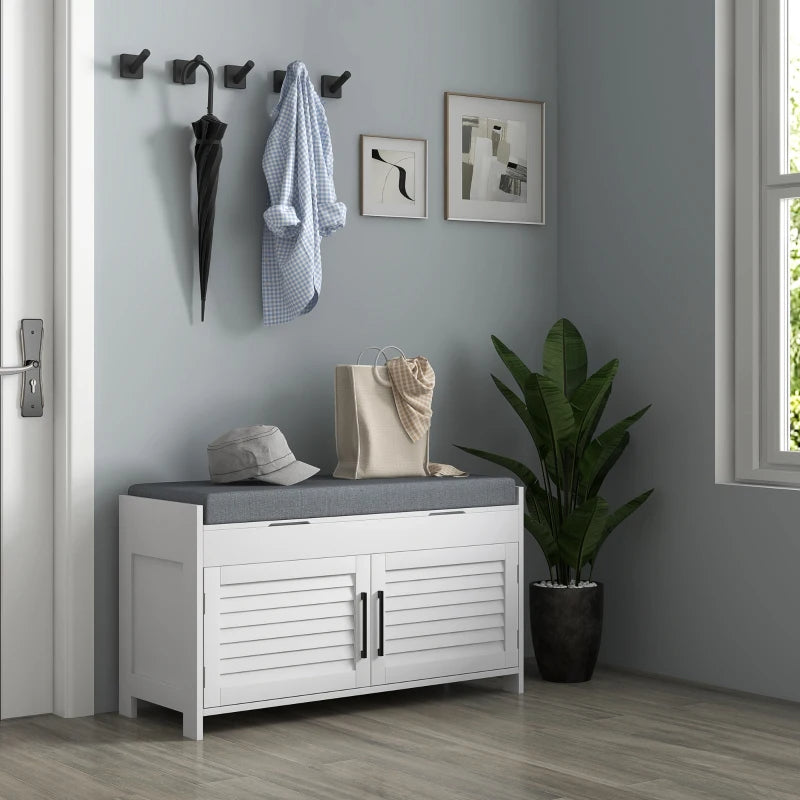Shoe Storage Bench with Cushion and Hidden Compartments - White Entryway Organizer