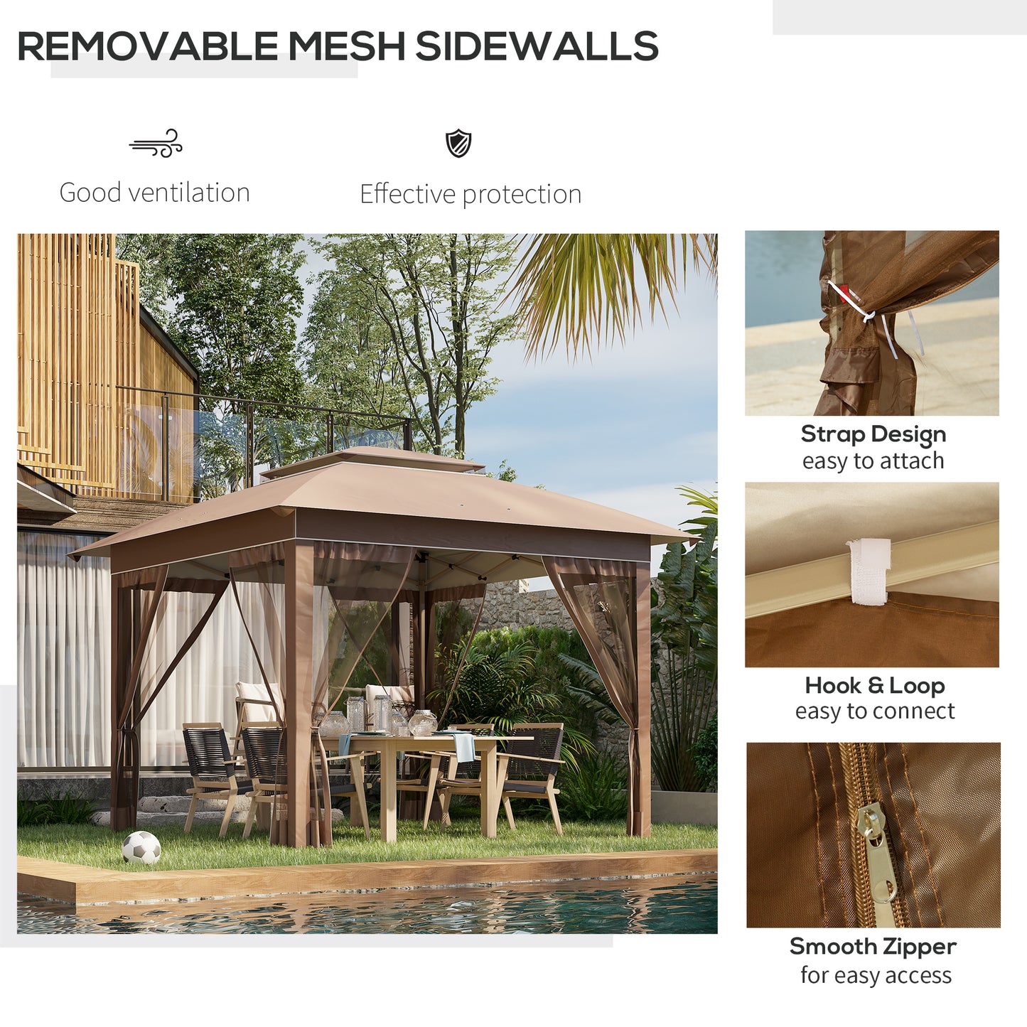 12x12 Pop Up Canopy Tent with Netting - Adjustable Height, Khaki