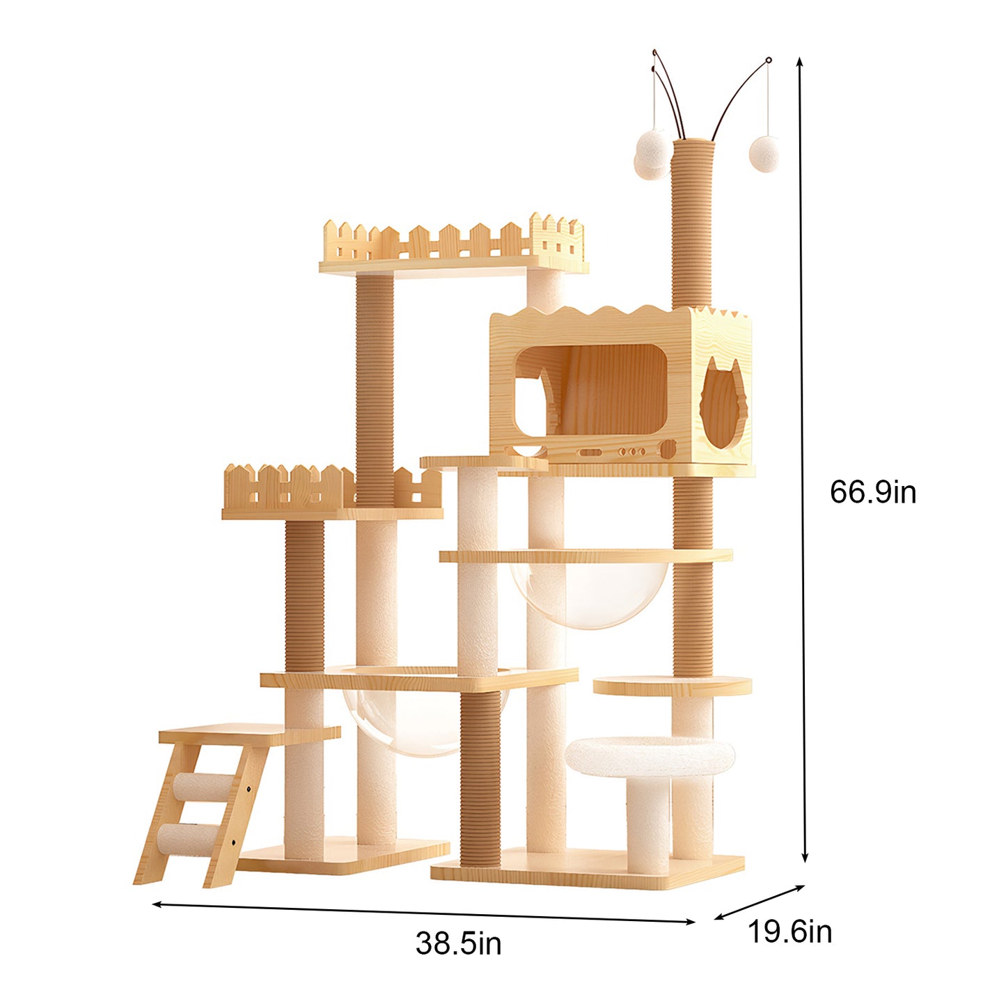 66.9-Inch Modern Wooden Cat Tree Tower with Sisal Posts & Acrylic Hammock