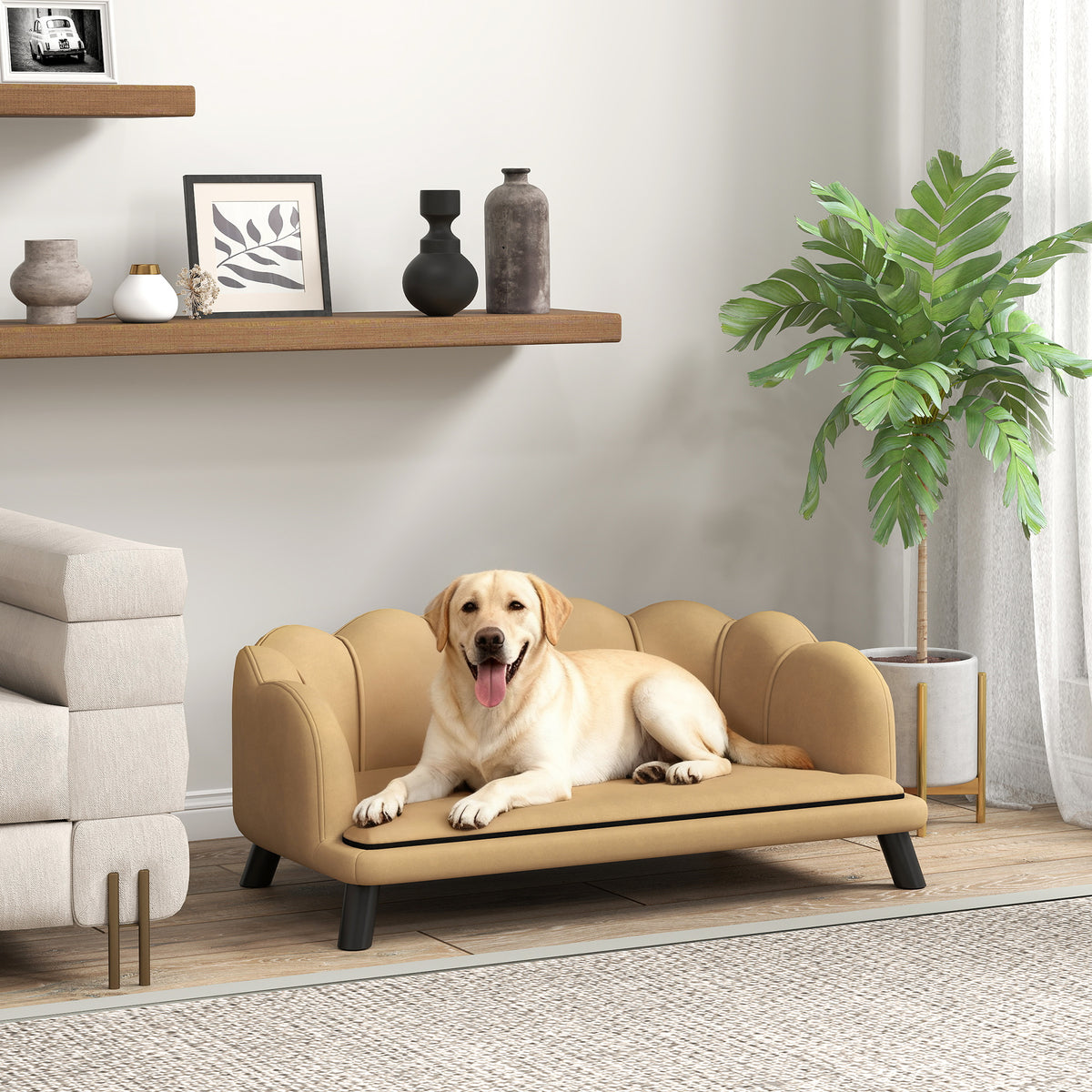 Pet Sofa Bed with Velvet Cushion & Solid Wood Legs for Medium & Large Dogs