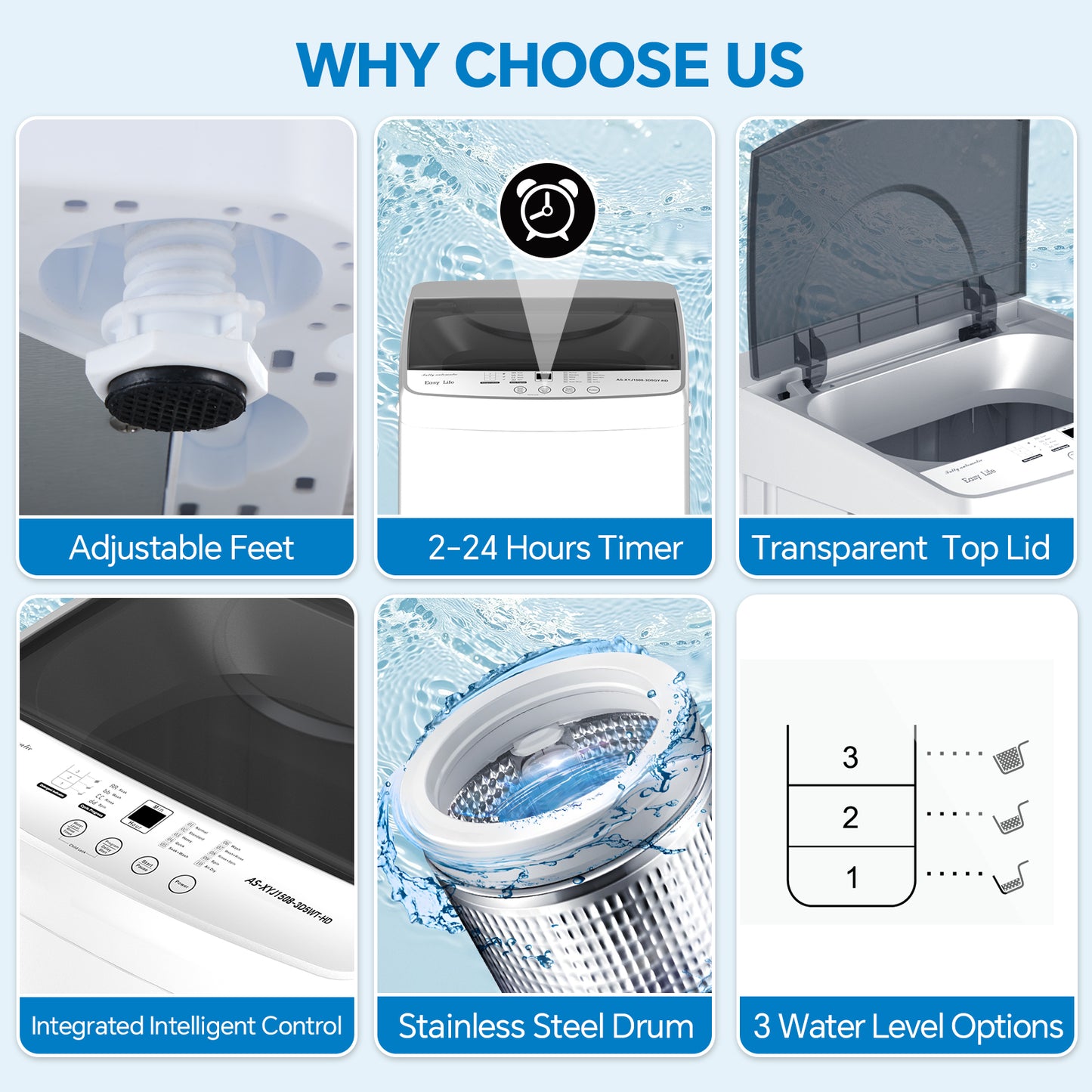 Portable Fully Automatic Washing Machine 7.7L Stainless Steel Tub Compact